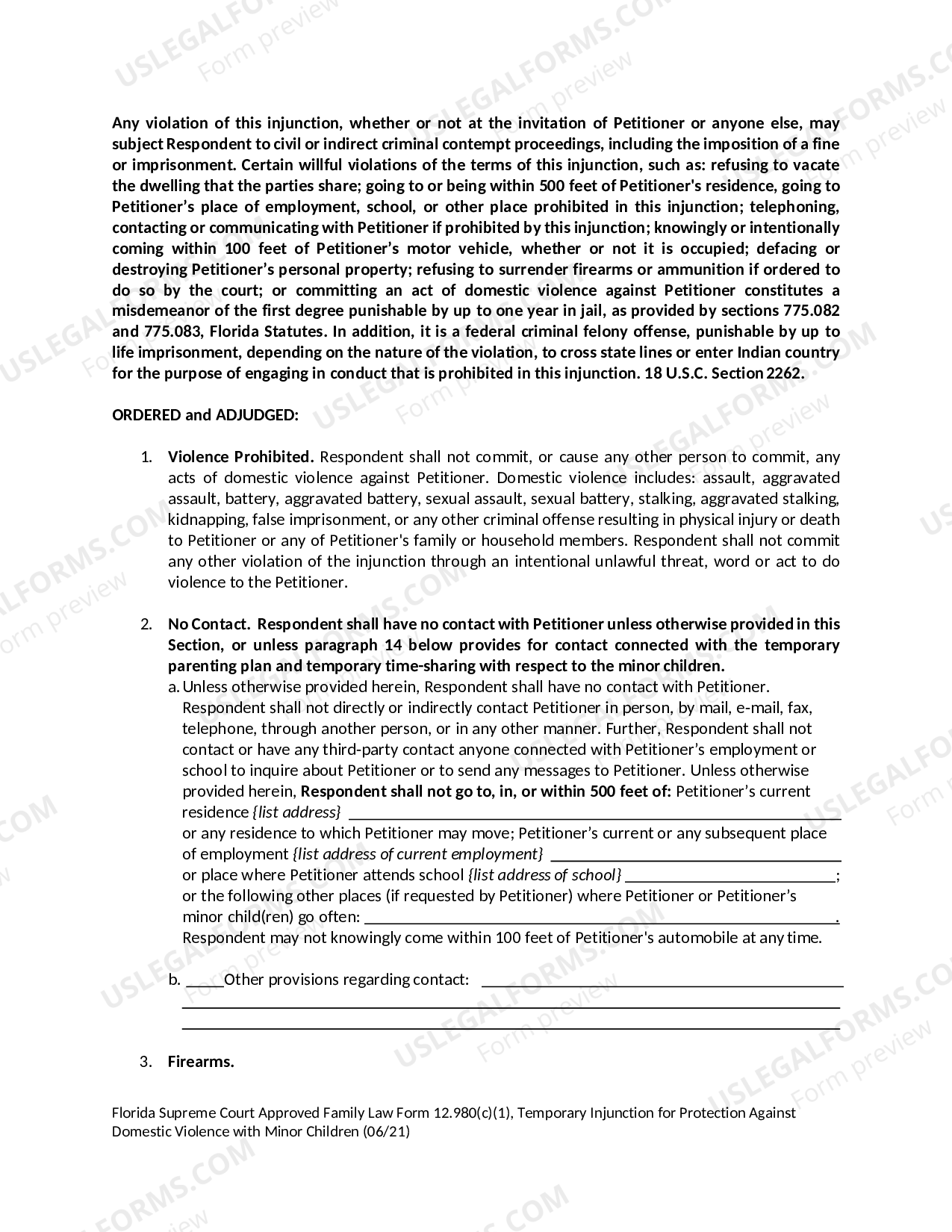 Florida Temporary Injunction for Protection Against Domestic Violence ...