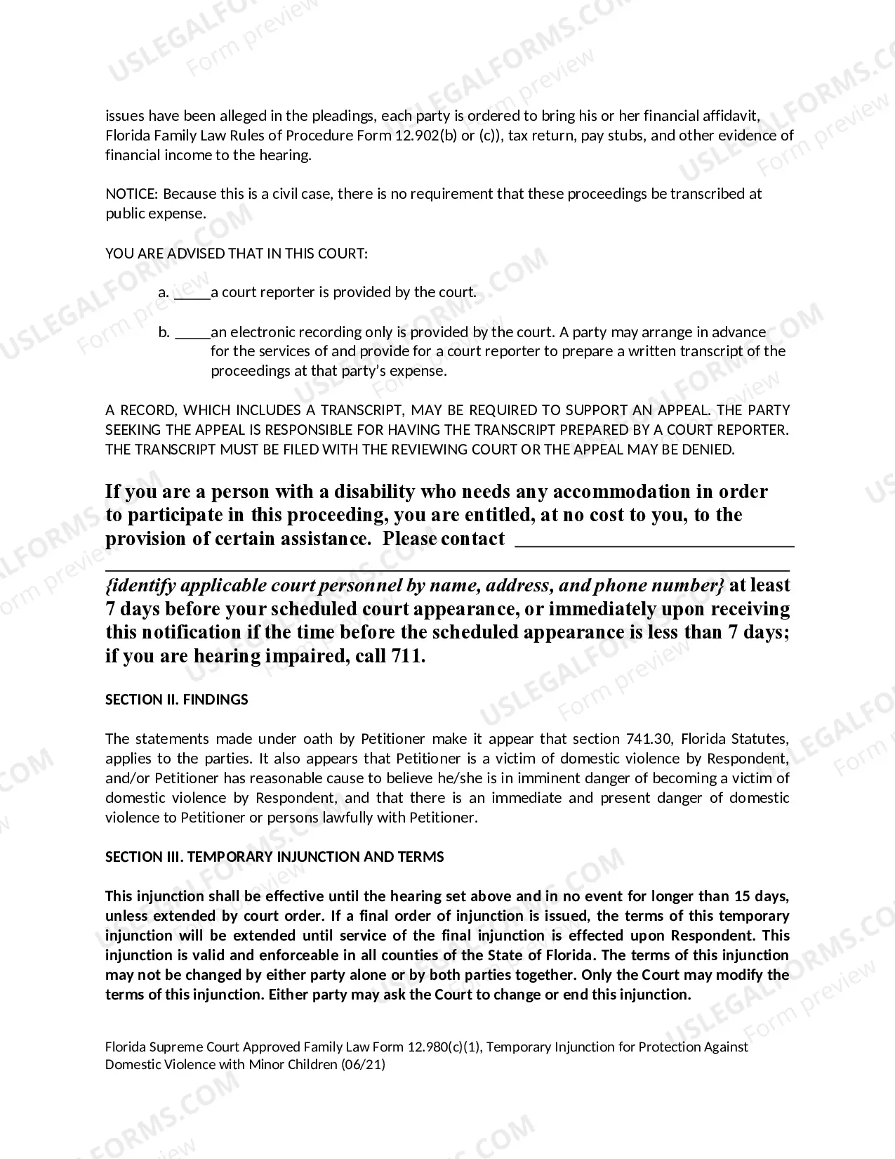 Preview Temporary Injunction for Protection Against Domestic Violence With Minor Children
