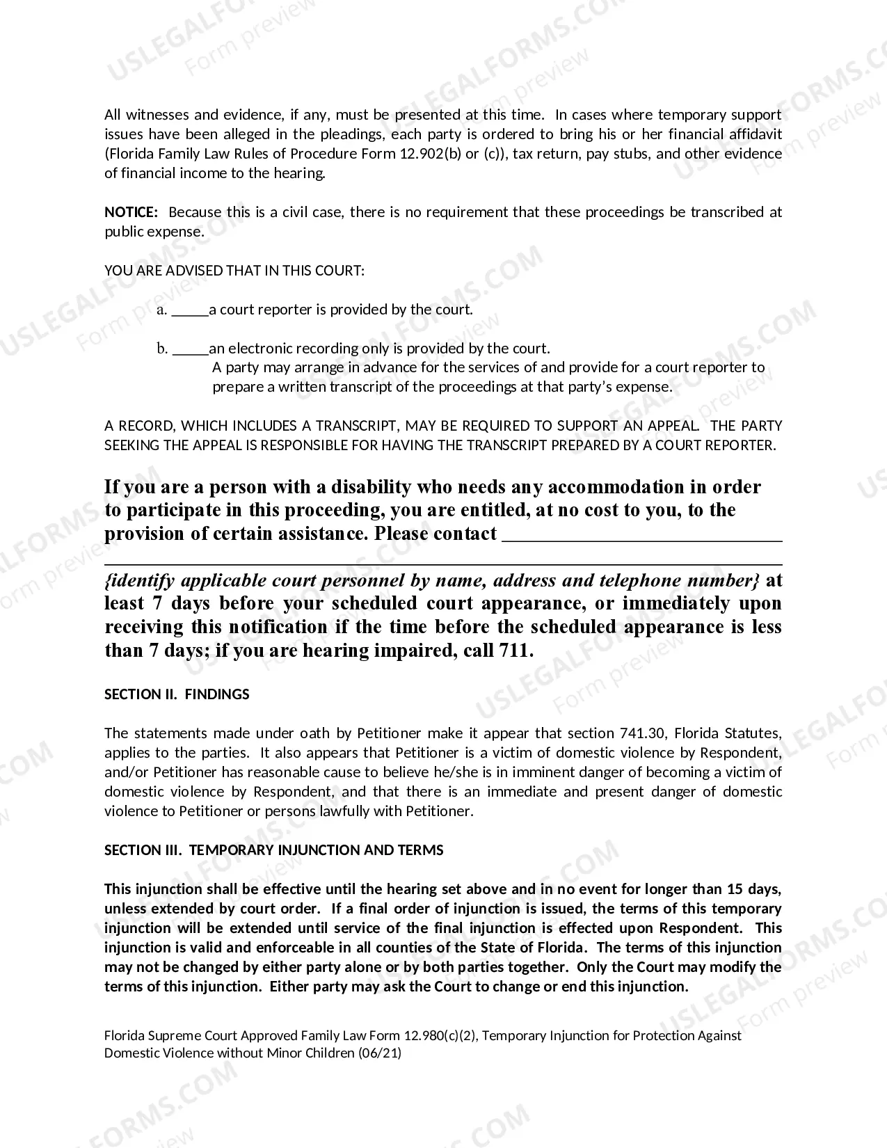 Preview Temporary Injunction for Protection Against Domestic Violence Without Minor Children