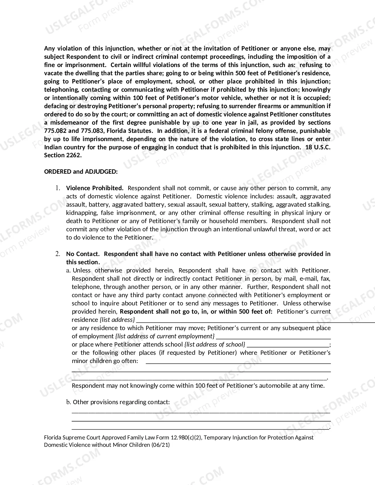 Preview Temporary Injunction for Protection Against Domestic Violence Without Minor Children