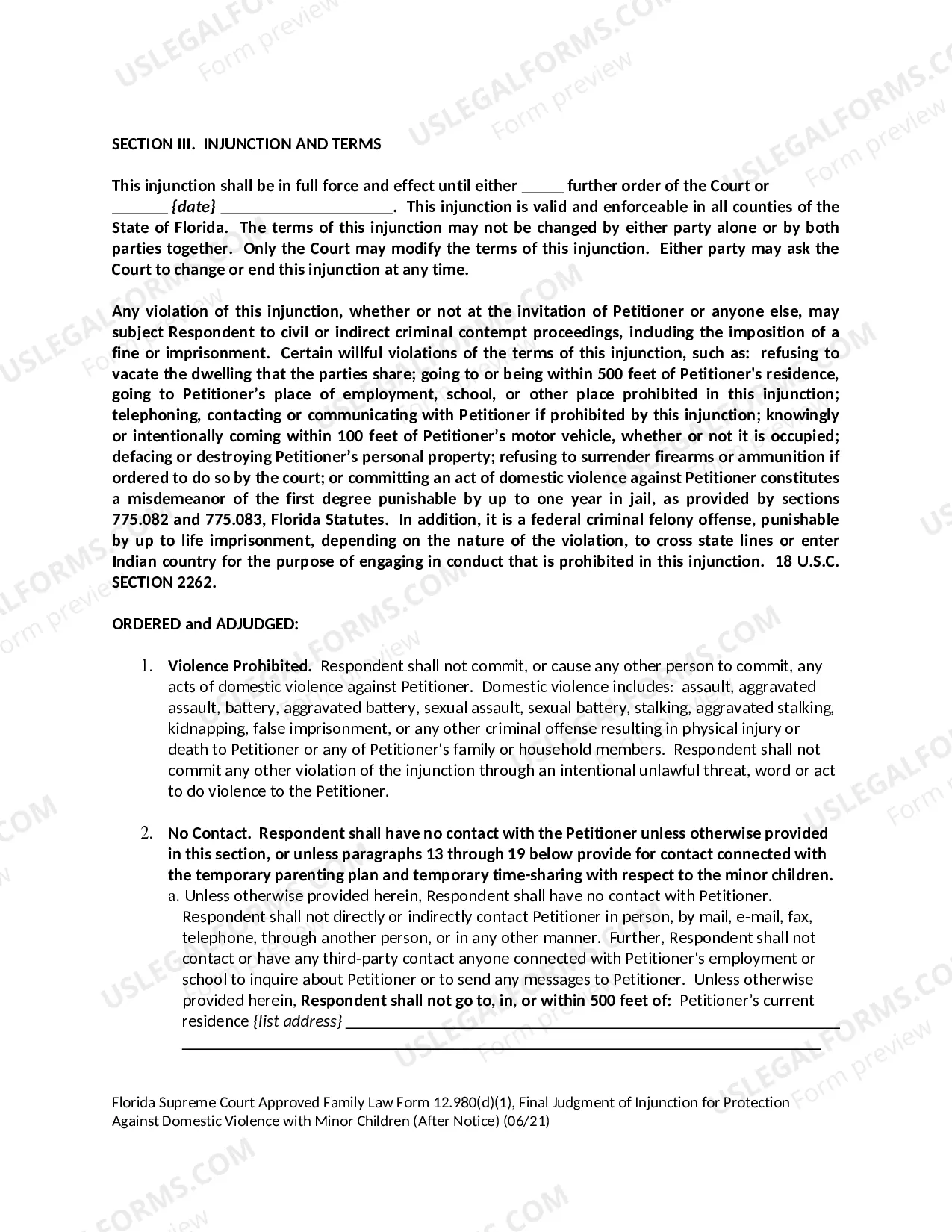 Preview Final Judgment of Injunction for Protection Against Domestic Violence with Minor Children - After Notice