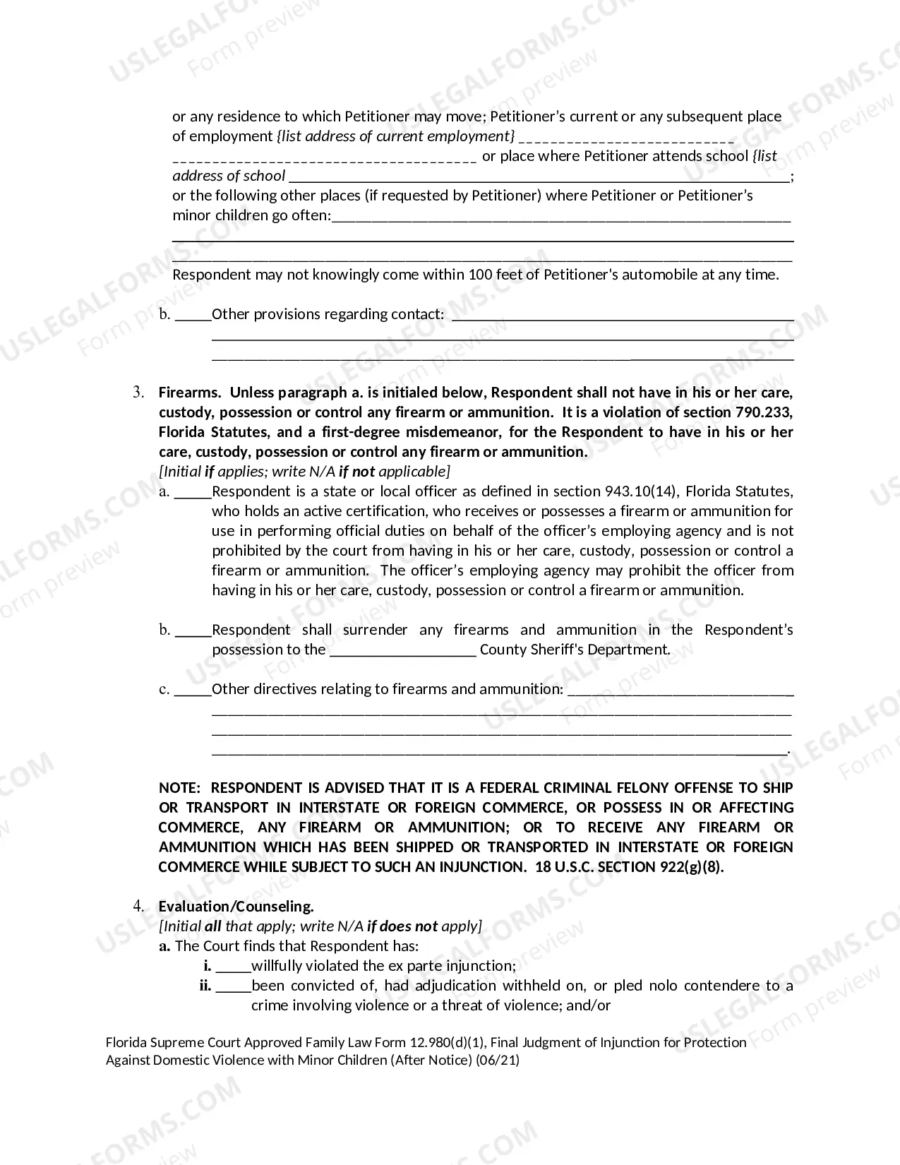 Preview Final Judgment of Injunction for Protection Against Domestic Violence with Minor Children - After Notice