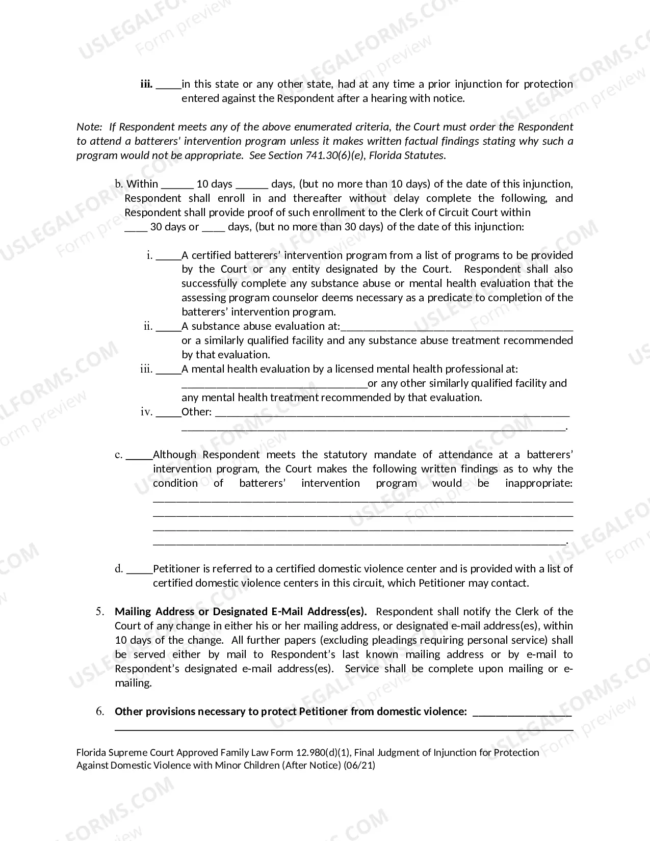 Preview Final Judgment of Injunction for Protection Against Domestic Violence with Minor Children - After Notice