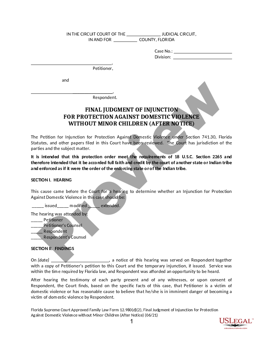 Florida Final Judgment of Injunction for Protection Against Domestic