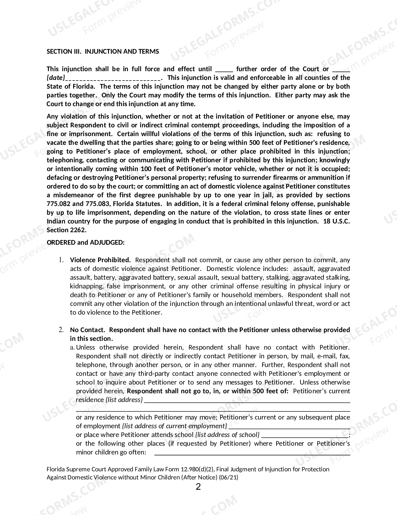 Preview Final Judgment of Injunction for Protection Against Domestic Violence without Minor Children - After Notice