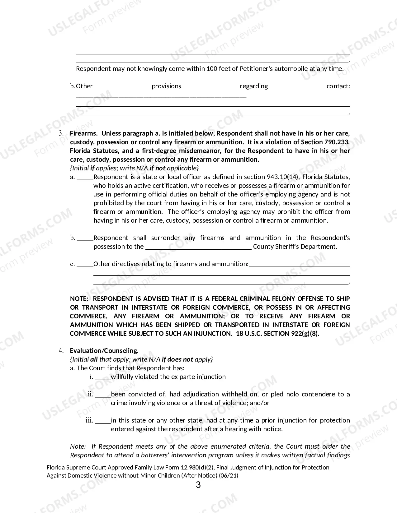 Preview Final Judgment of Injunction for Protection Against Domestic Violence without Minor Children - After Notice
