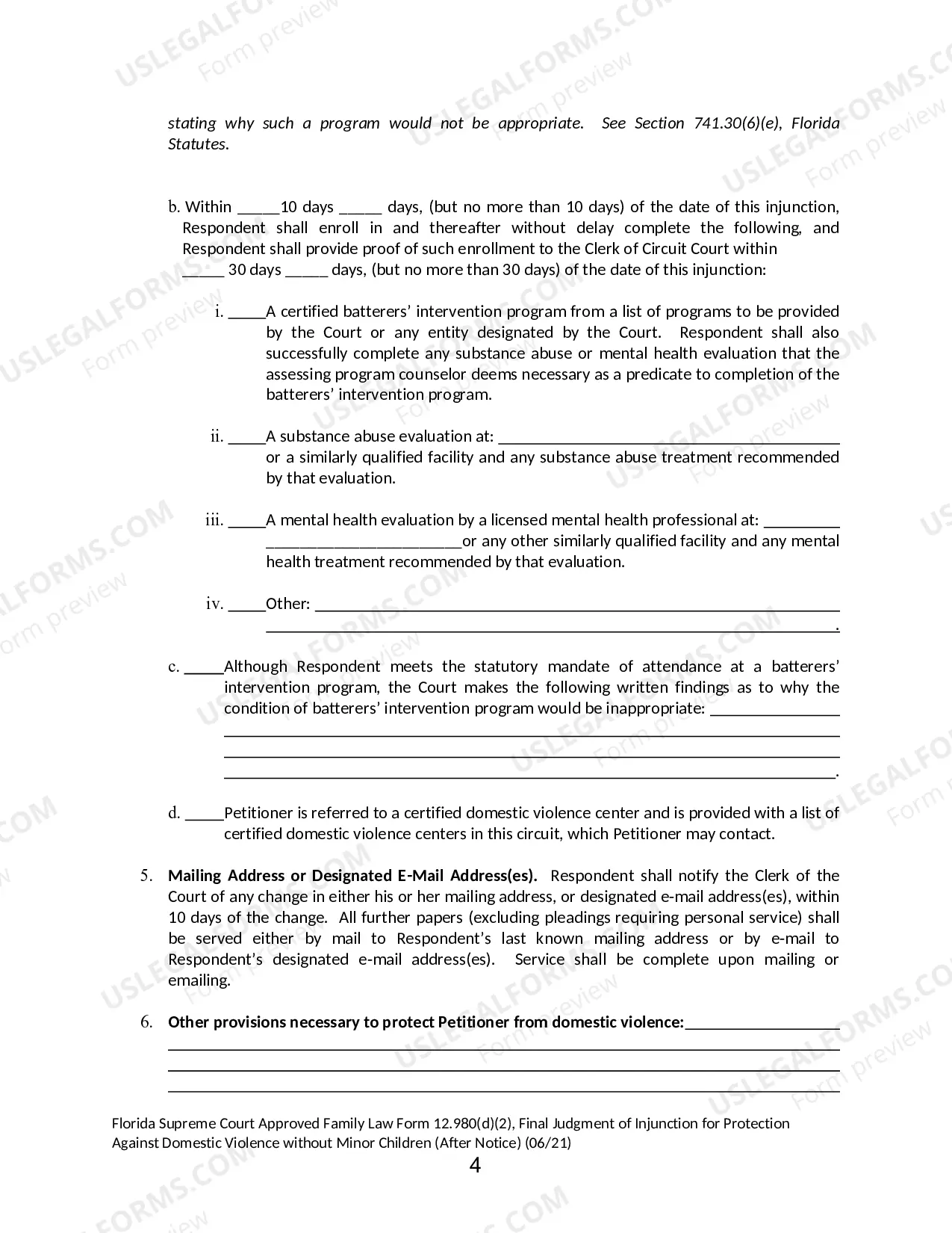 Preview Final Judgment of Injunction for Protection Against Domestic Violence without Minor Children - After Notice