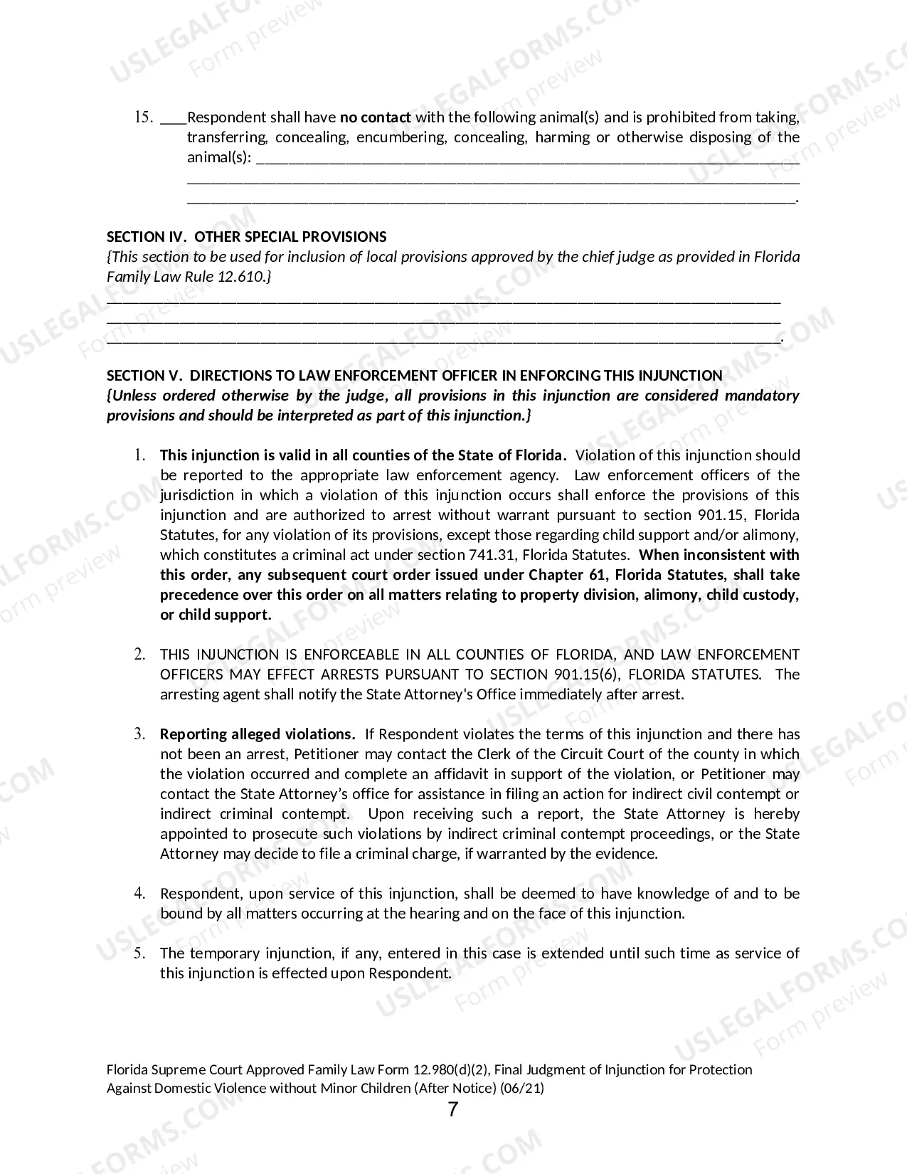 Preview Final Judgment of Injunction for Protection Against Domestic Violence without Minor Children - After Notice