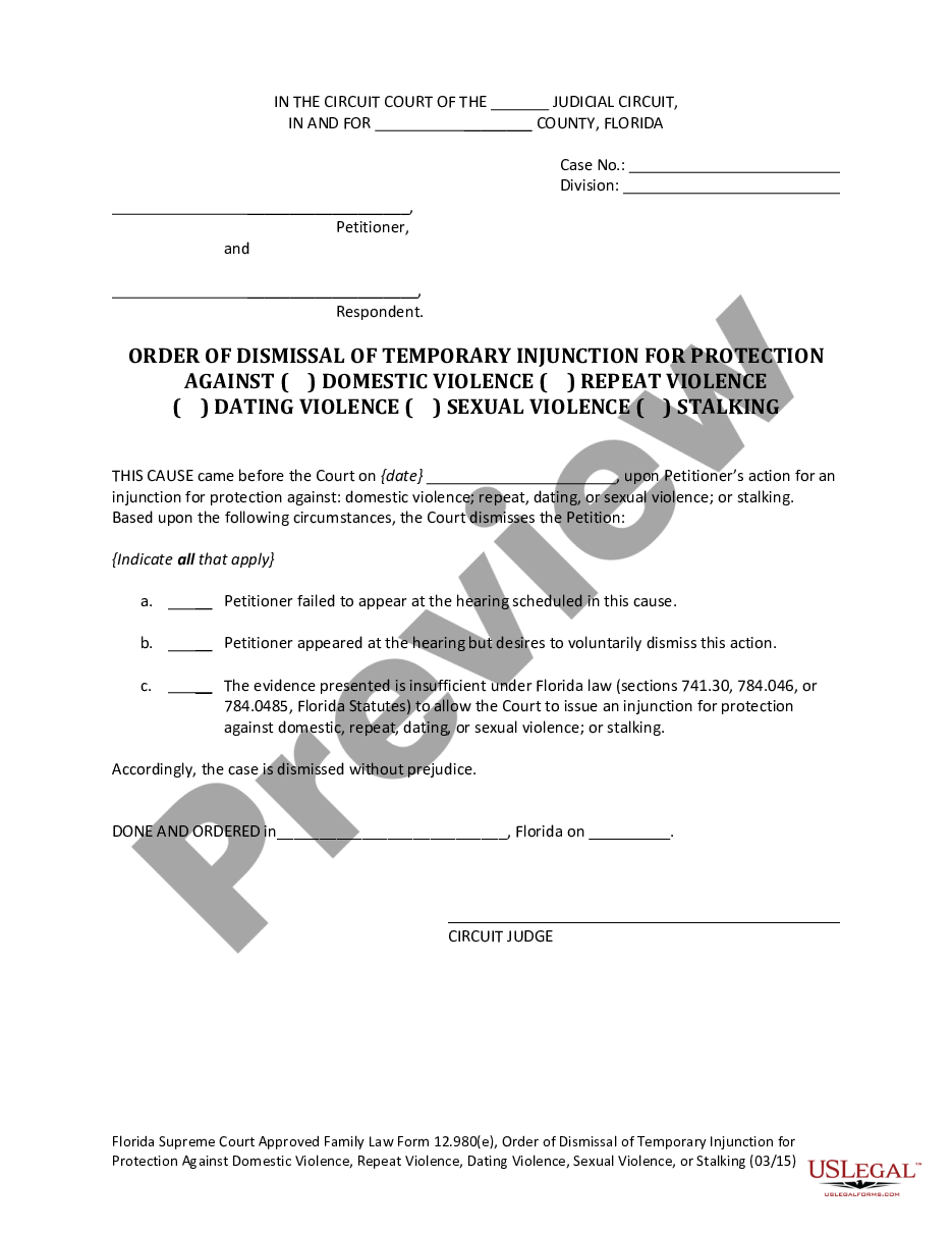 page 0 Order of Dismissal of Temporary Injunction for Protection Against Domestic Violence, Repeat Violence, Dating Violence or Sexual Violence preview