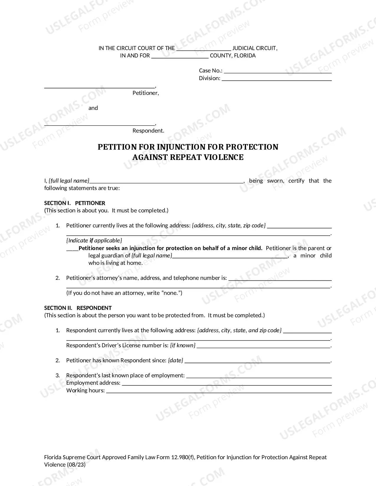 Preview Petition for Injunction for Protection Against Repeat Violence