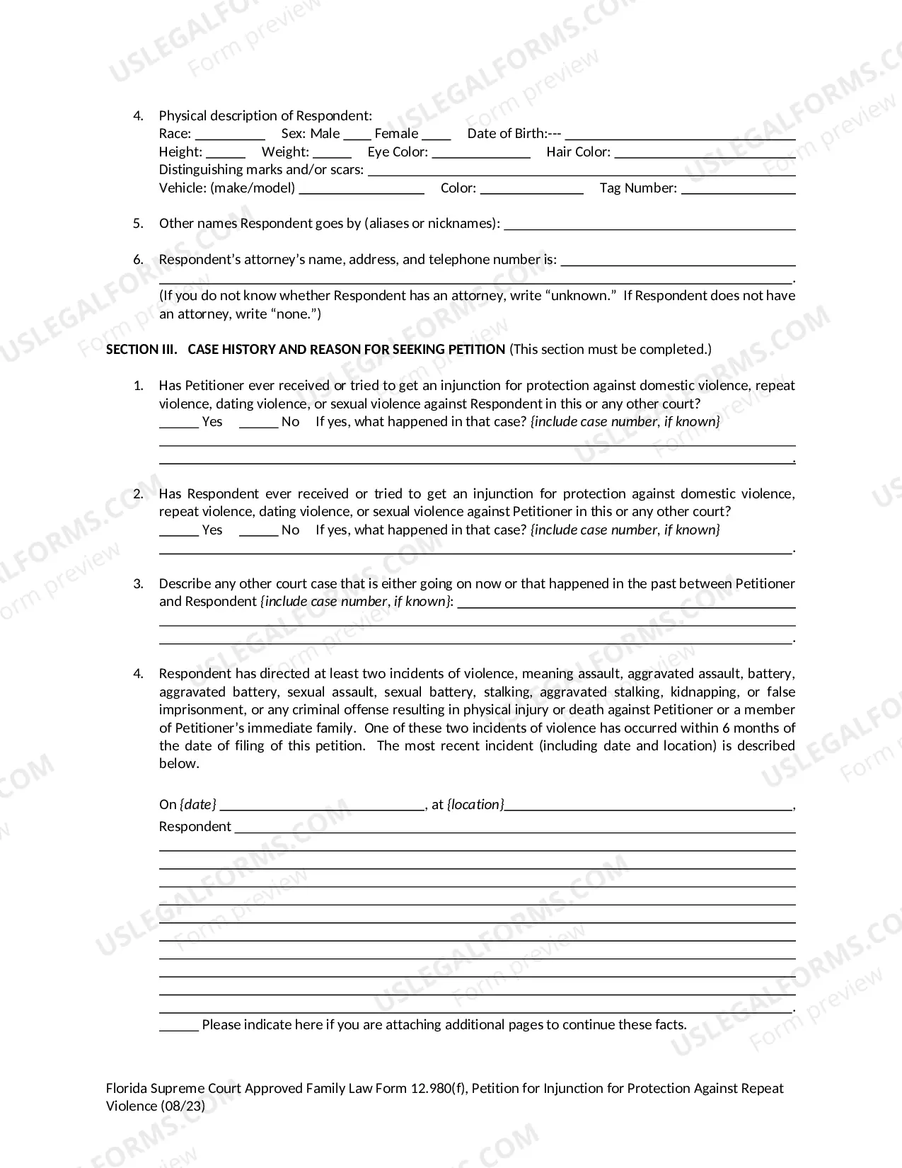 Preview Petition for Injunction for Protection Against Repeat Violence