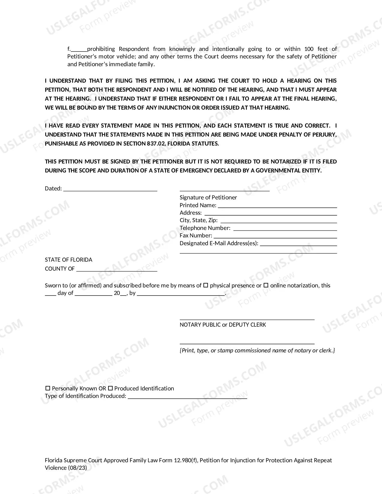 Preview Petition for Injunction for Protection Against Repeat Violence
