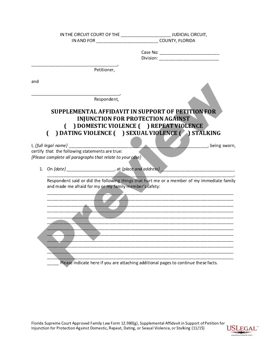 form Supplemental Affidavit in Support of Petition for Injunction for Protection Against Domestic, Repeat, Dating, or Sexual Violence preview