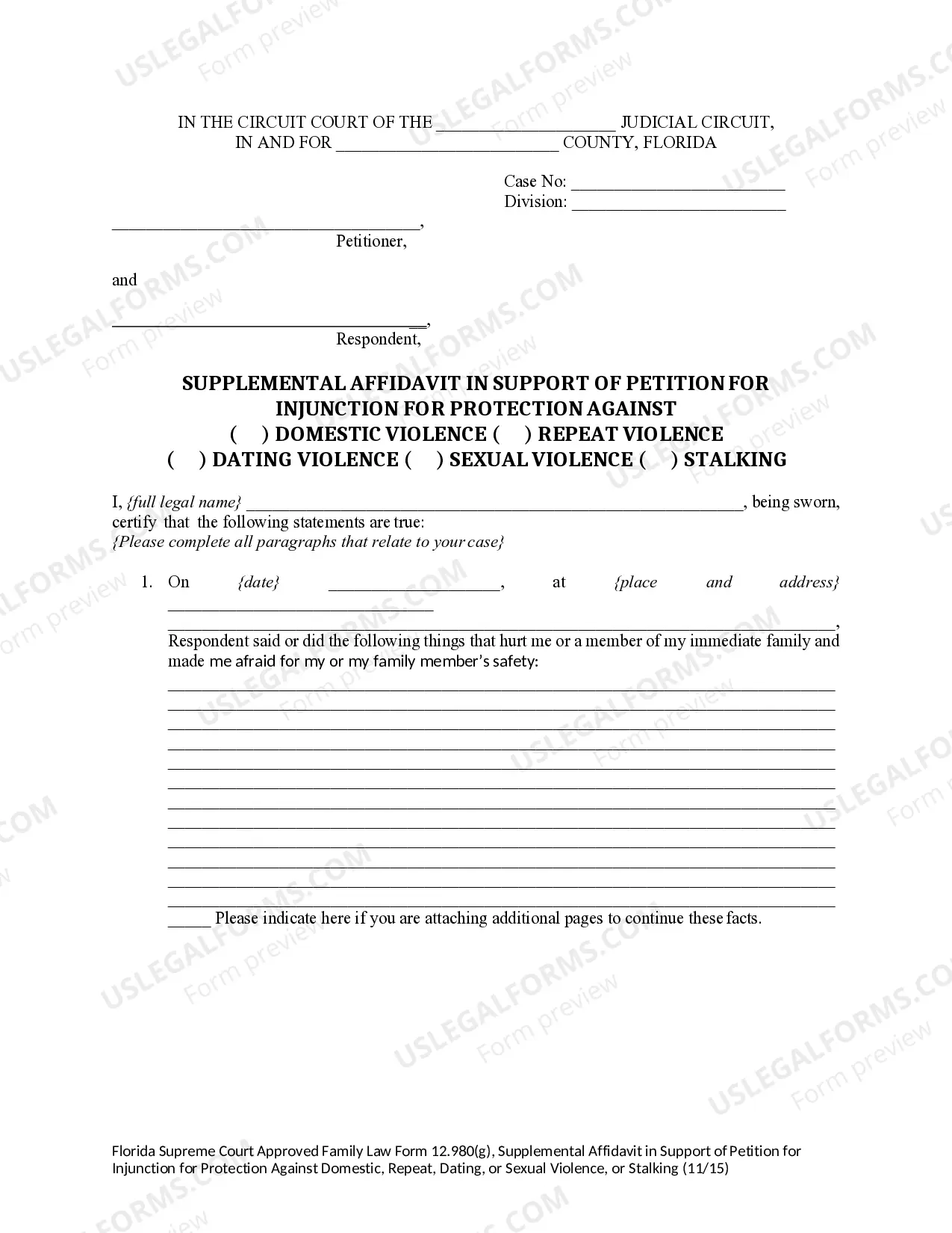 Preview Supplemental Affidavit in Support of Petition for Injunction for Protection Against Domestic, Repeat, Dating, or Sexual Violence