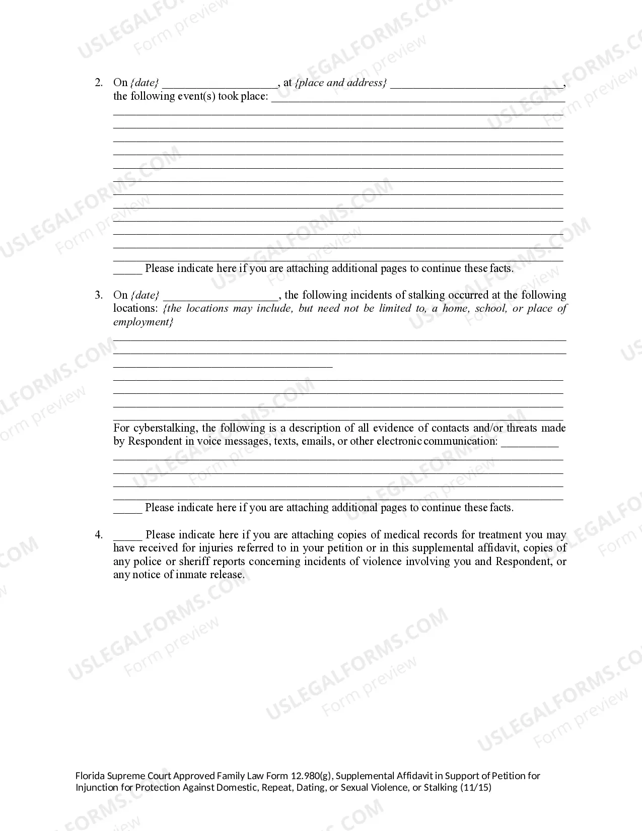 Preview Supplemental Affidavit in Support of Petition for Injunction for Protection Against Domestic, Repeat, Dating, or Sexual Violence