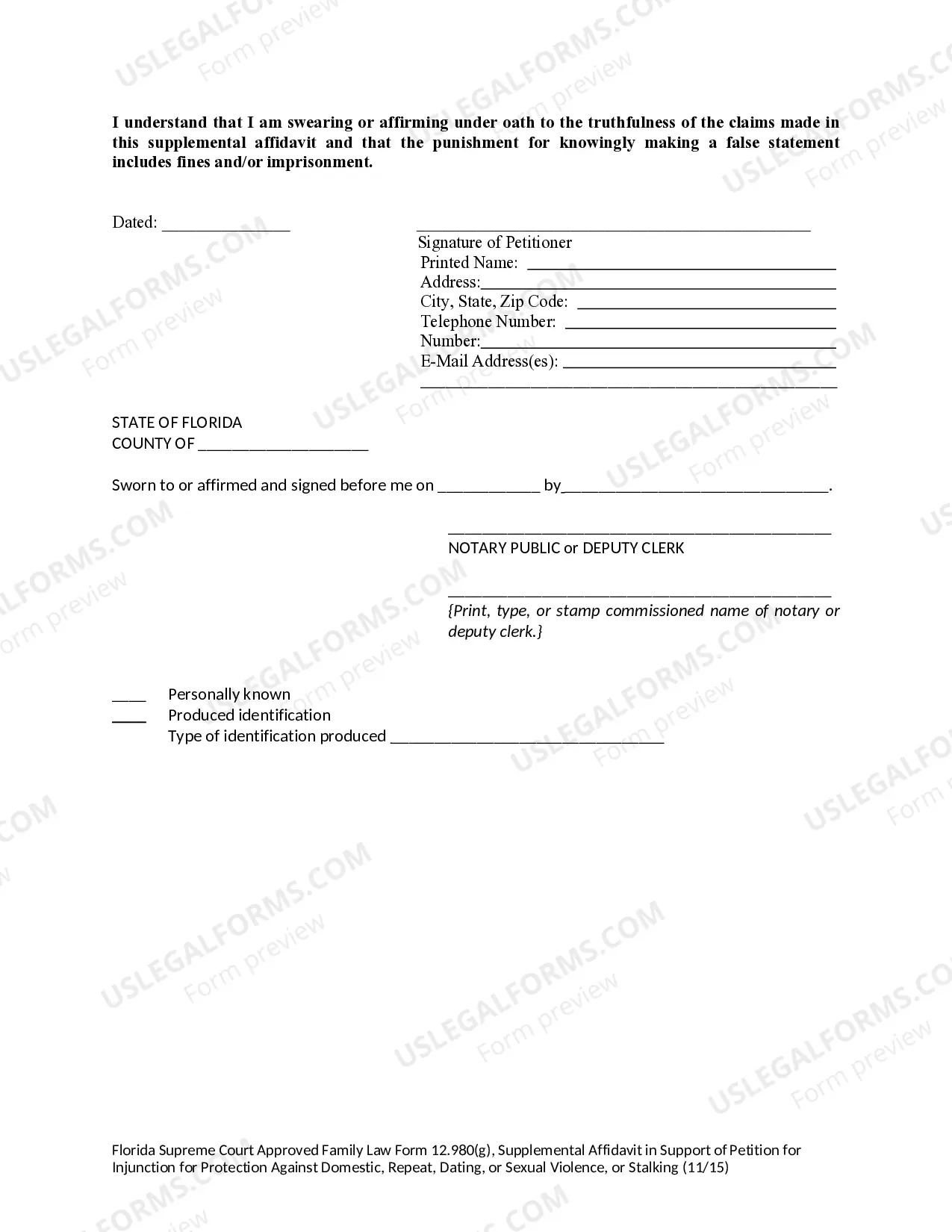 Preview Supplemental Affidavit in Support of Petition for Injunction for Protection Against Domestic, Repeat, Dating, or Sexual Violence
