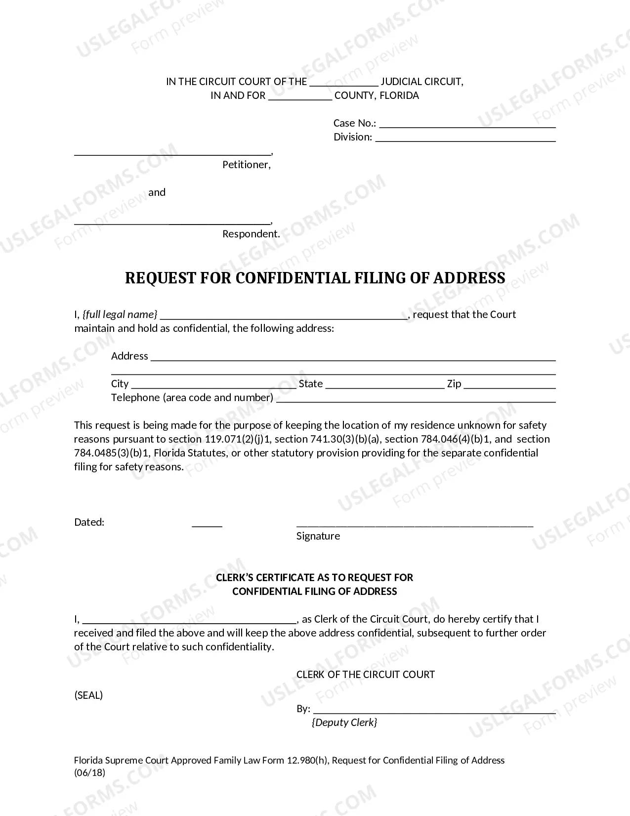 Preview Petitioner's Request for Confidential Filing of Address