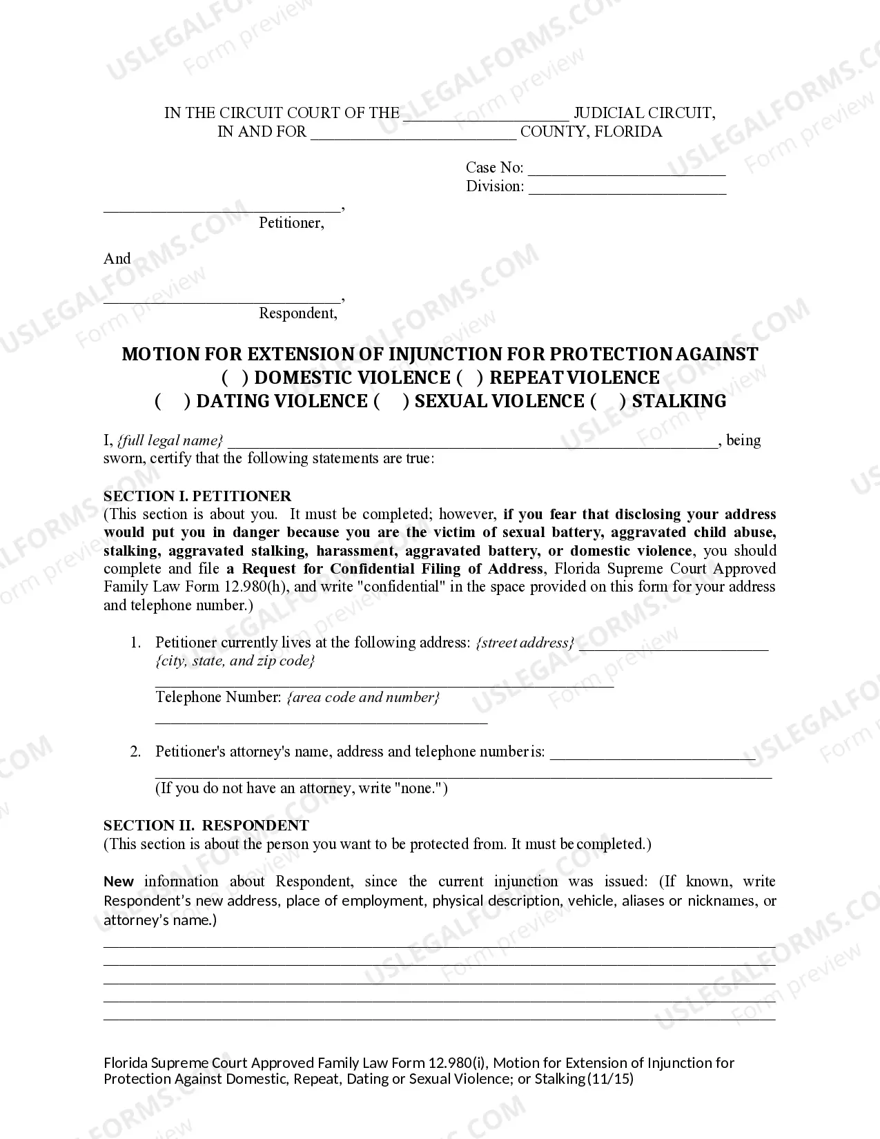 Preview Motion for Extension of Injunction for Protection Against Domestic Violence, Repeat Violence, Dating Violence or Sexual Violence