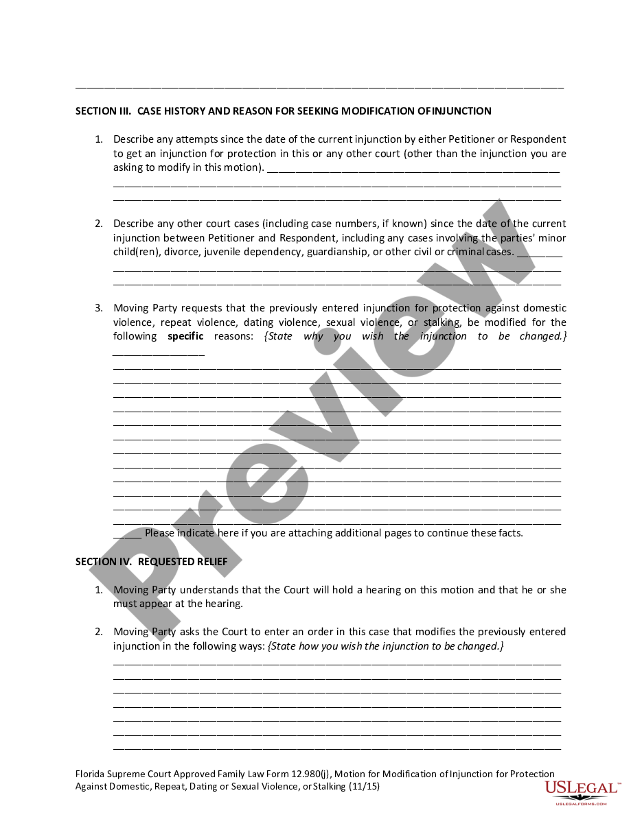 page 4 Motion for Modification of Injunction for Protection Against Domestic Violence, Repeat Violence, Dating Violence or Sexual Violence preview