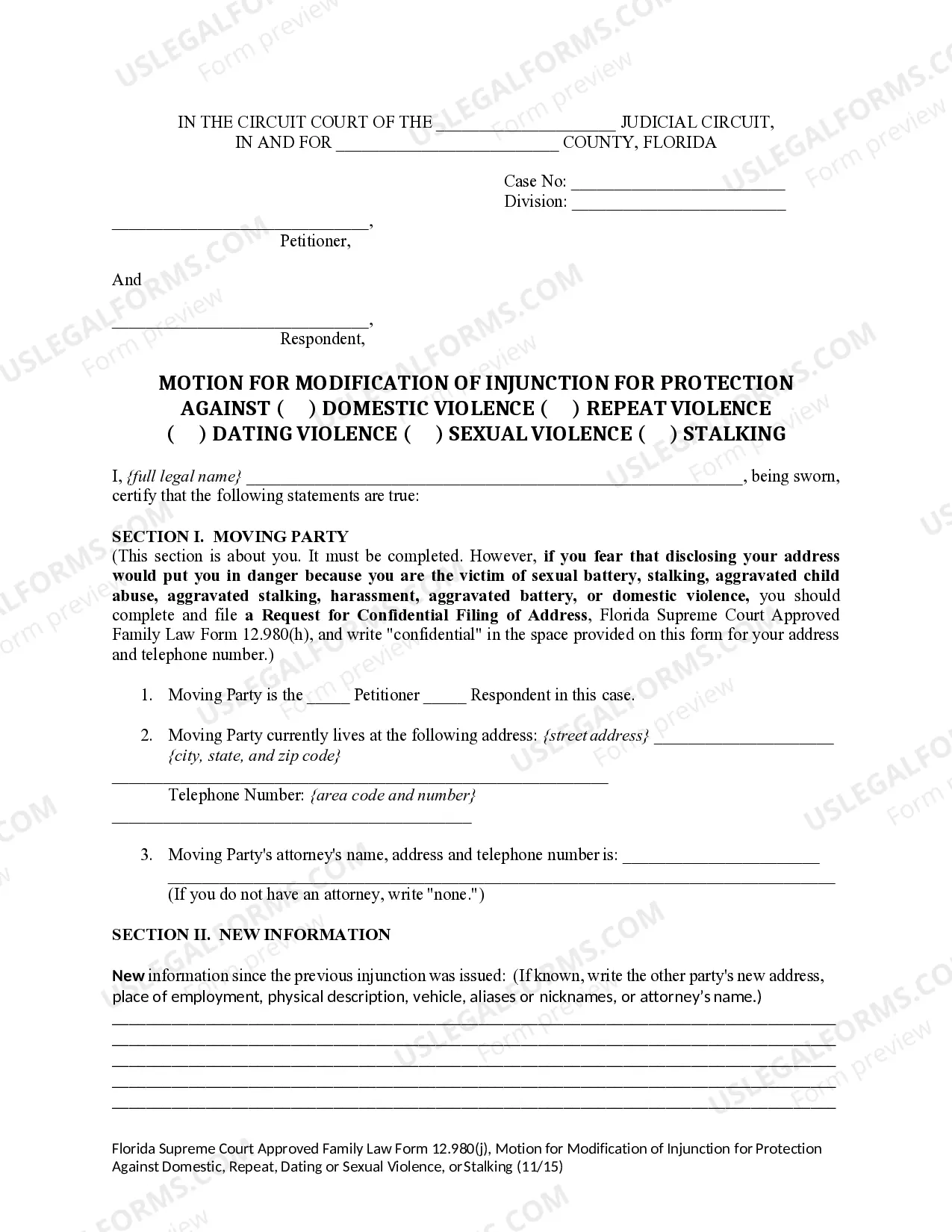 Preview Motion for Modification of Injunction for Protection Against Domestic Violence, Repeat Violence, Dating Violence or Sexual Violence