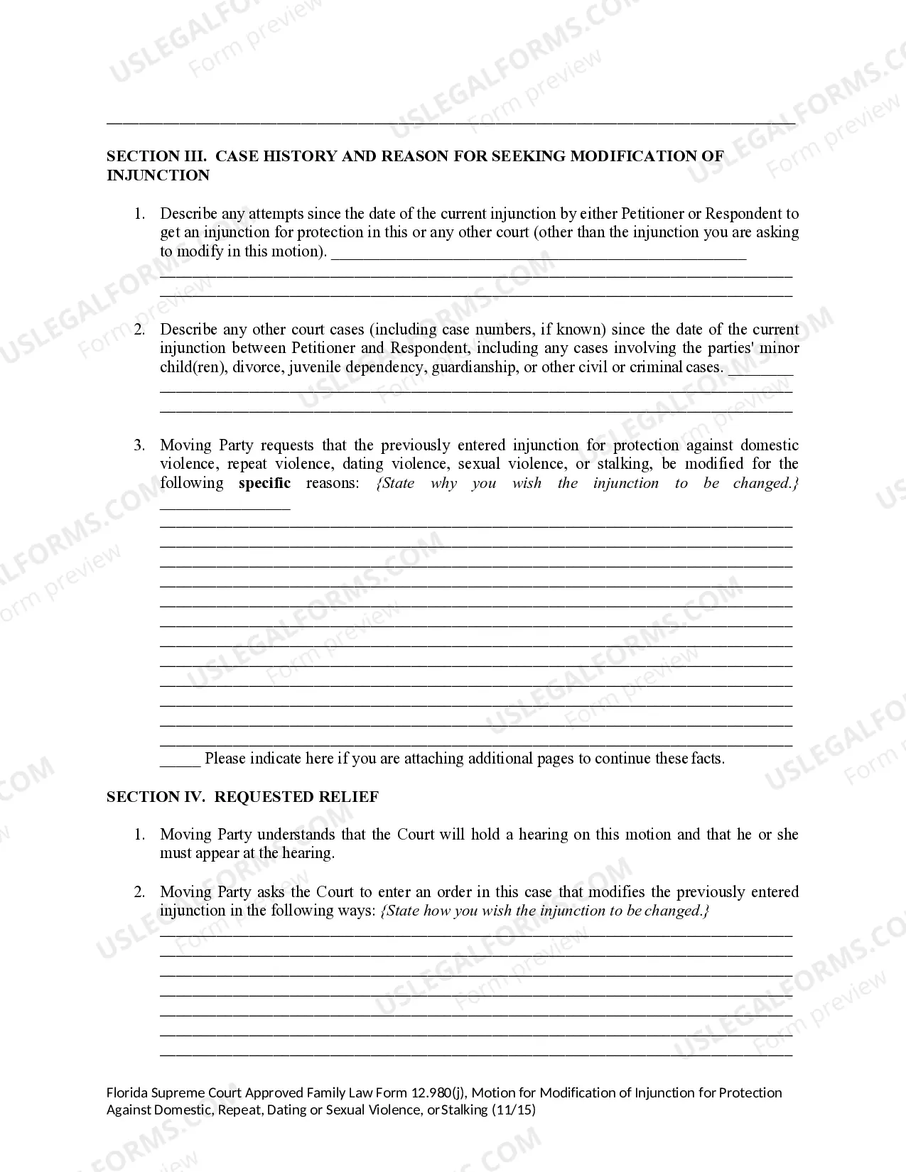 Preview Motion for Modification of Injunction for Protection Against Domestic Violence, Repeat Violence, Dating Violence or Sexual Violence