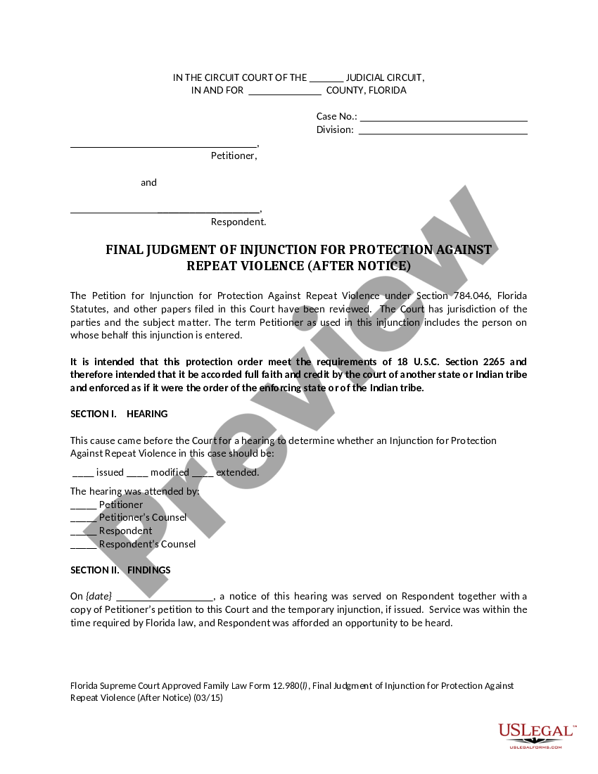Florida Final Judgment of Injunction for Protection Against Repeat