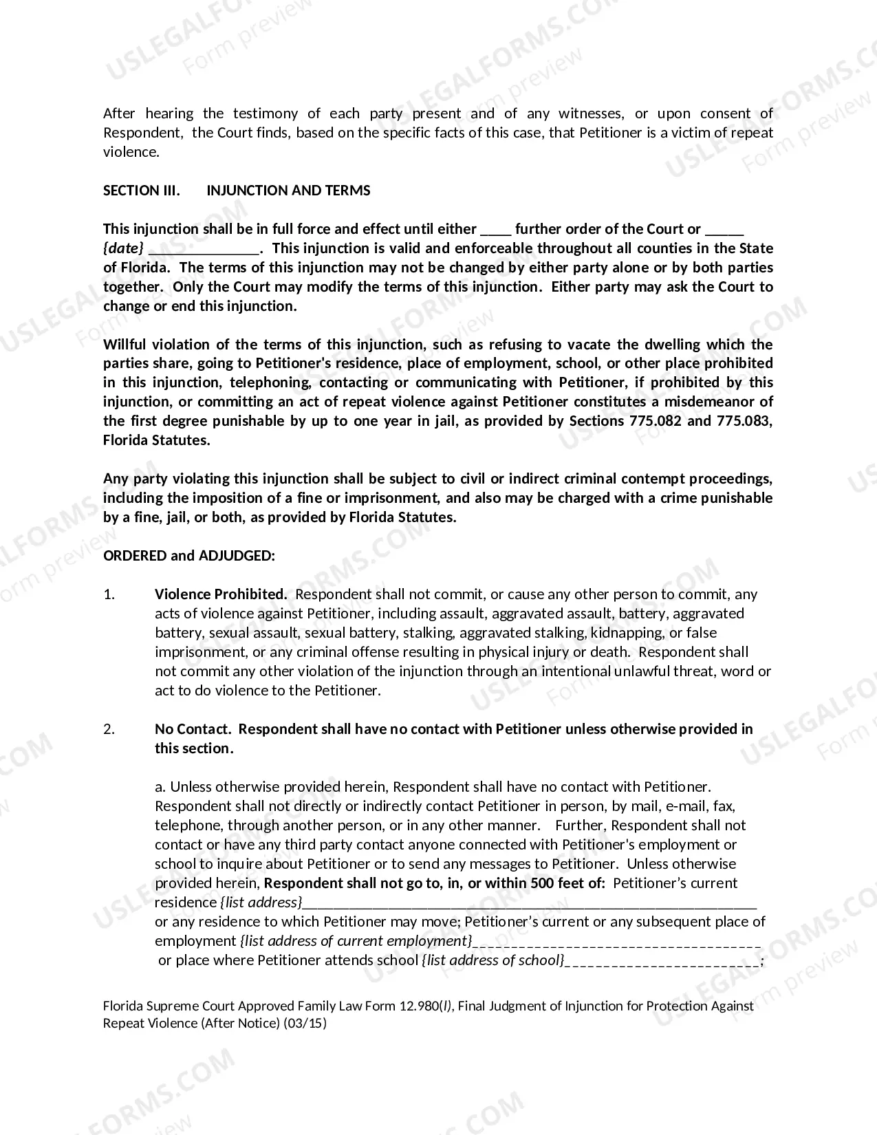 Preview Final Judgment of Injunction for Protection Against Repeat Violence