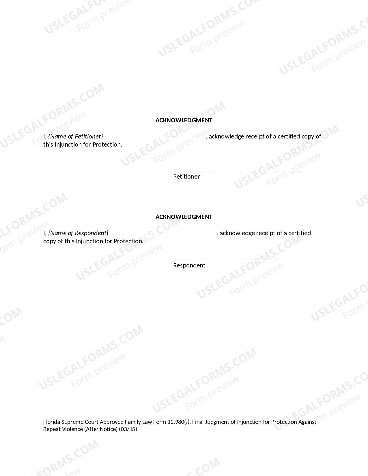 Preview Final Judgment of Injunction for Protection Against Repeat Violence