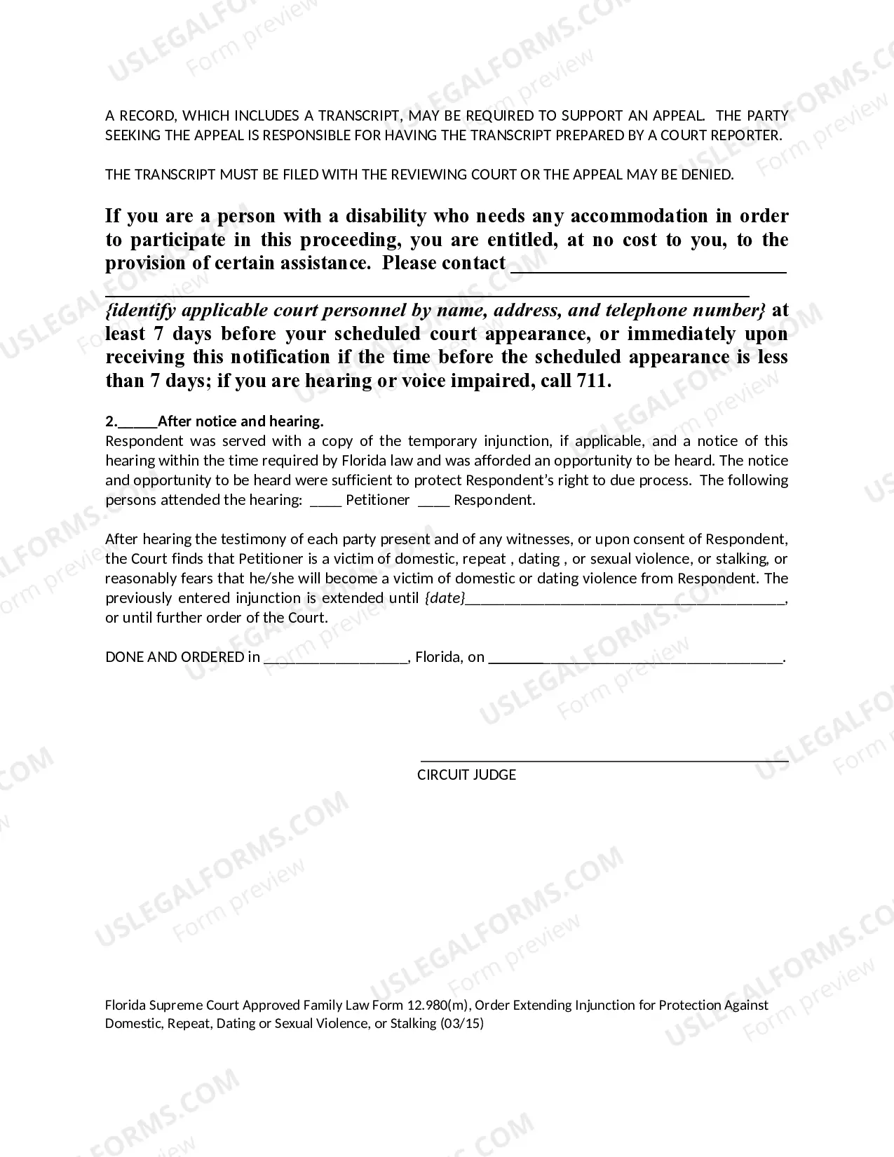 Preview Order Extending Injunction for Protection Against Domestic Violence, Repeat Violence, Dating Violence or Sexual Violence