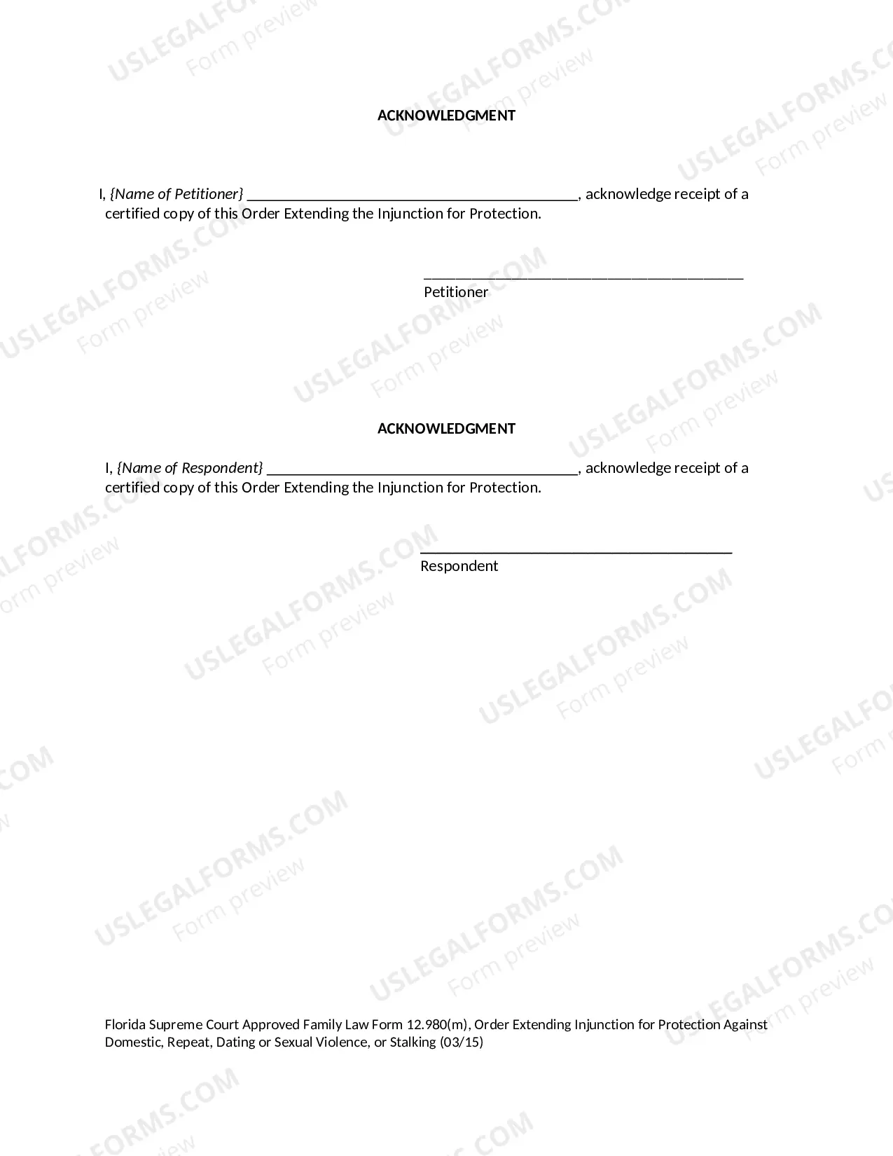 Preview Order Extending Injunction for Protection Against Domestic Violence, Repeat Violence, Dating Violence or Sexual Violence