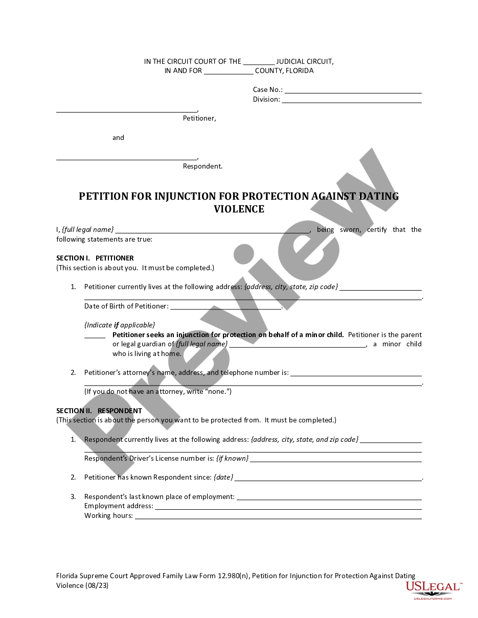 form Petition for Injunction for Protection Against Dating Violence preview