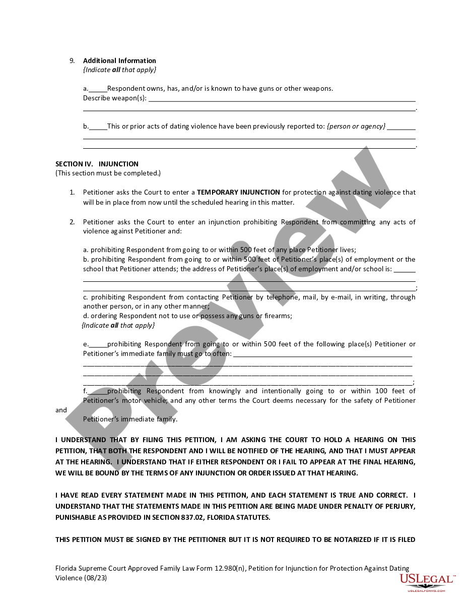page 6 Petition for Injunction for Protection Against Dating Violence preview