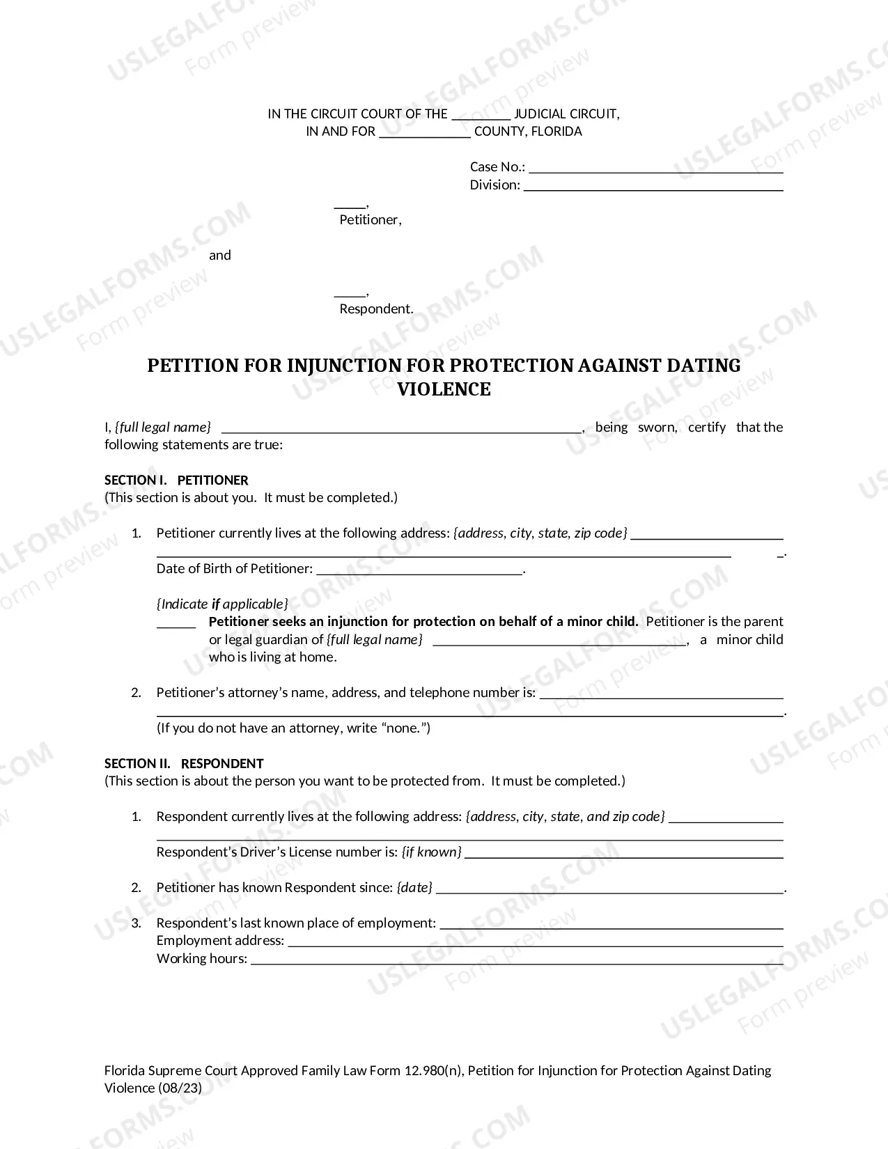 Preview Petition for Injunction for Protection Against Dating Violence