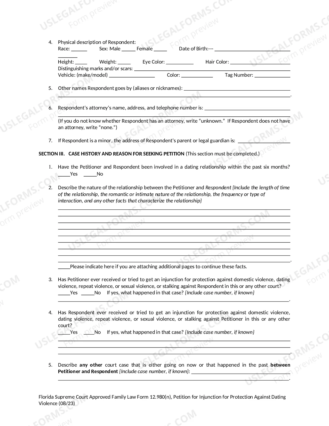Preview Petition for Injunction for Protection Against Dating Violence