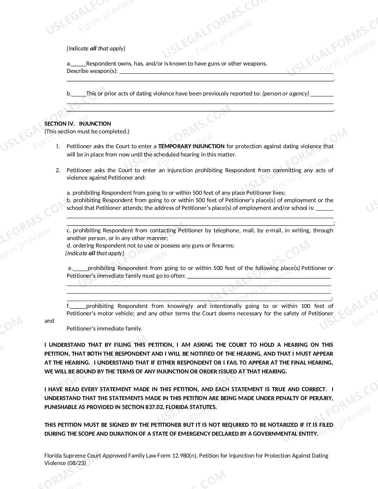 Preview Petition for Injunction for Protection Against Dating Violence