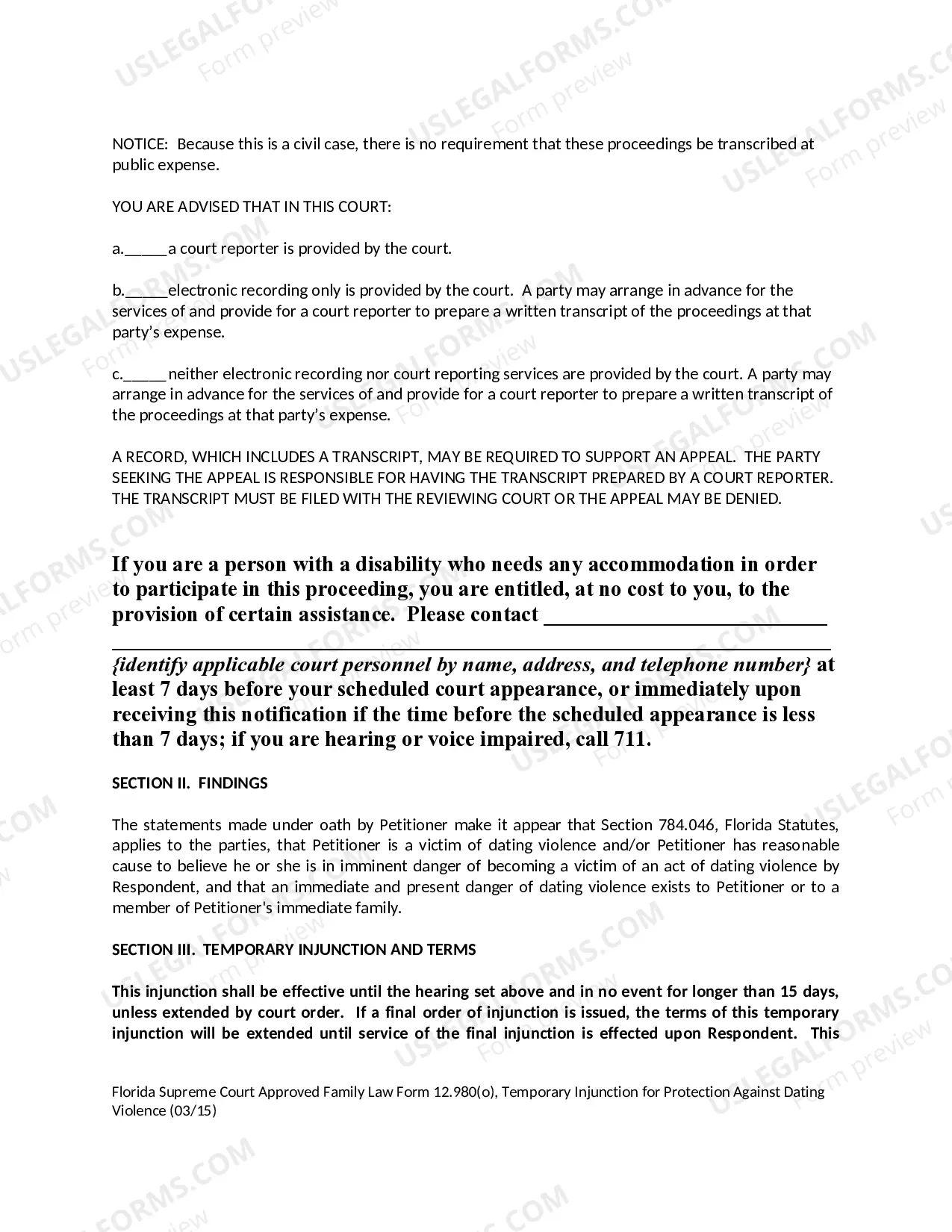 Preview Temporary Injunction for Protection Against Dating Violence