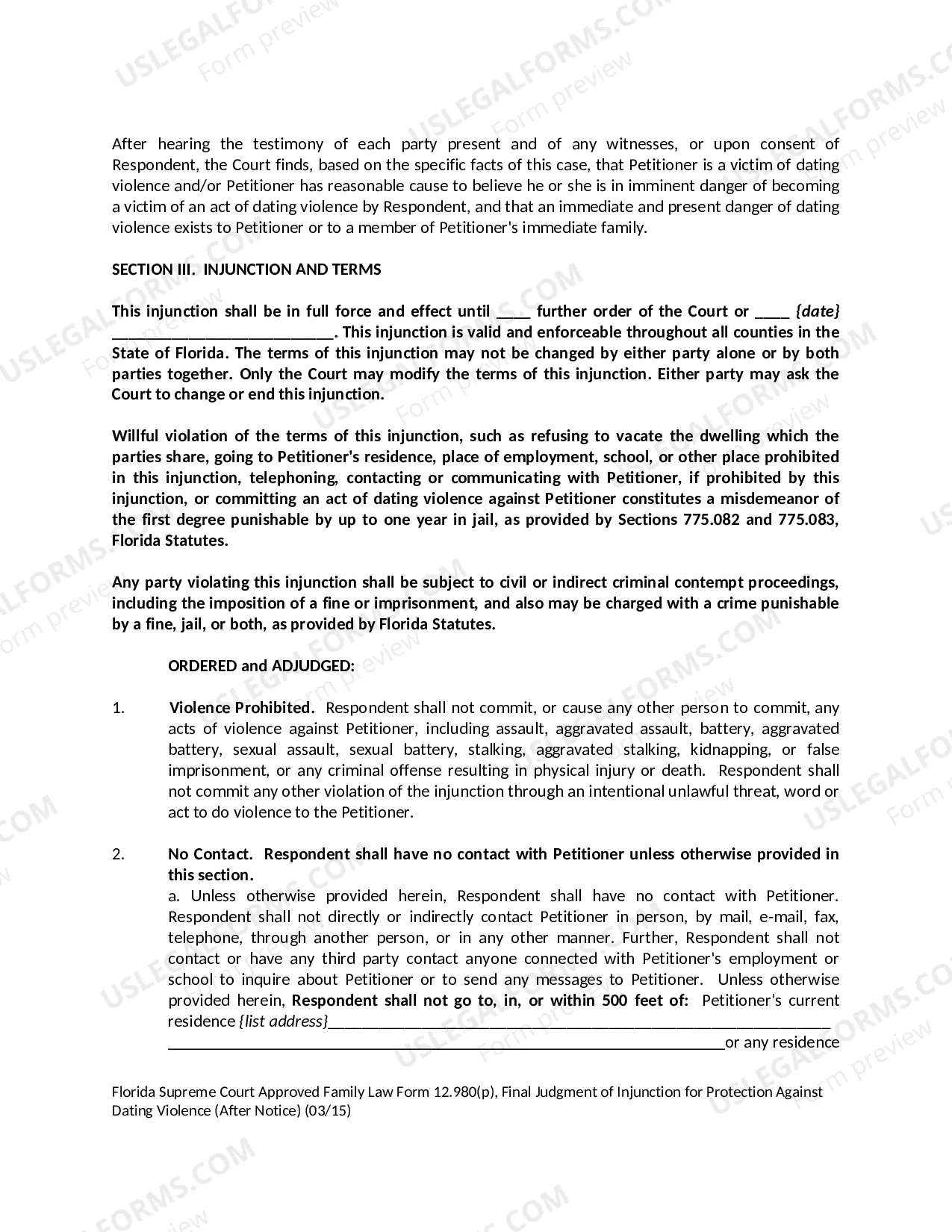 Preview Final Judgment of Injunction for Protection Against Dating Violence