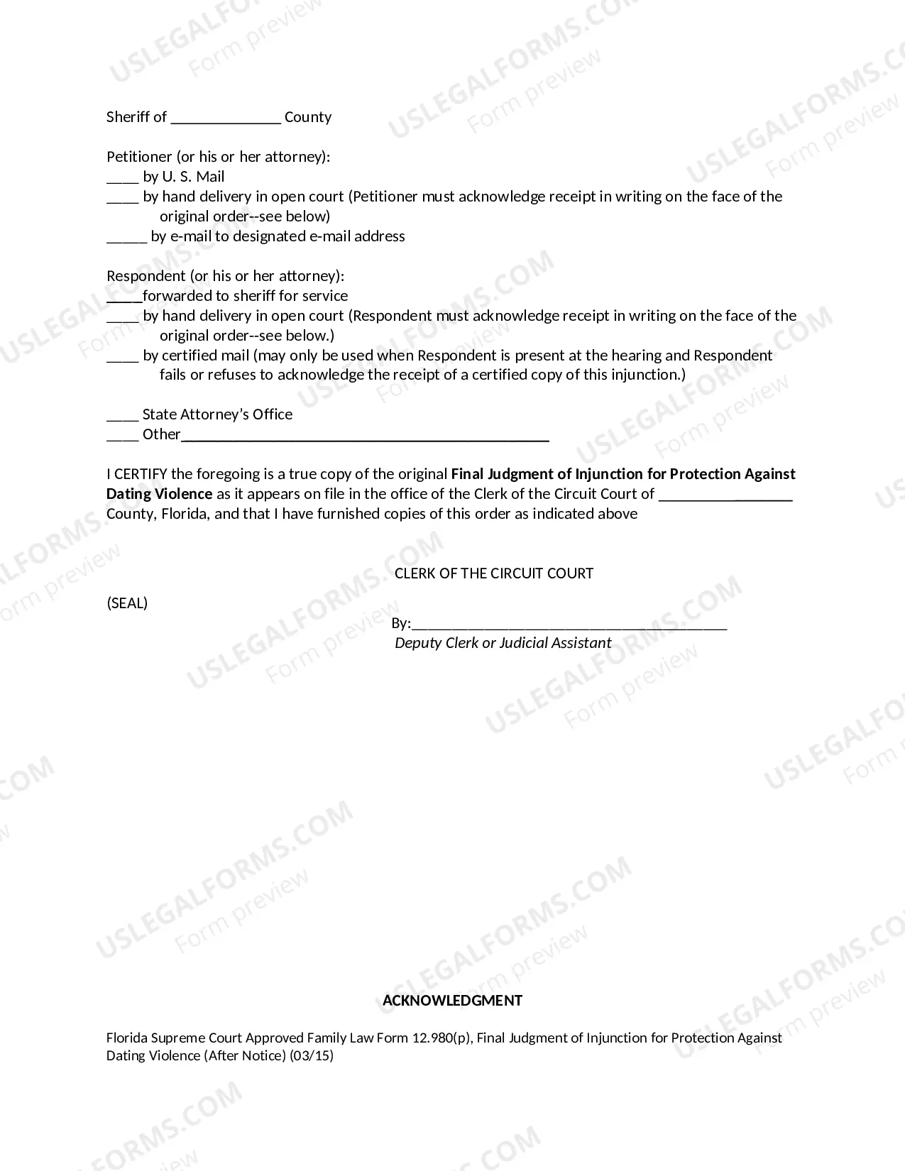 Preview Final Judgment of Injunction for Protection Against Dating Violence