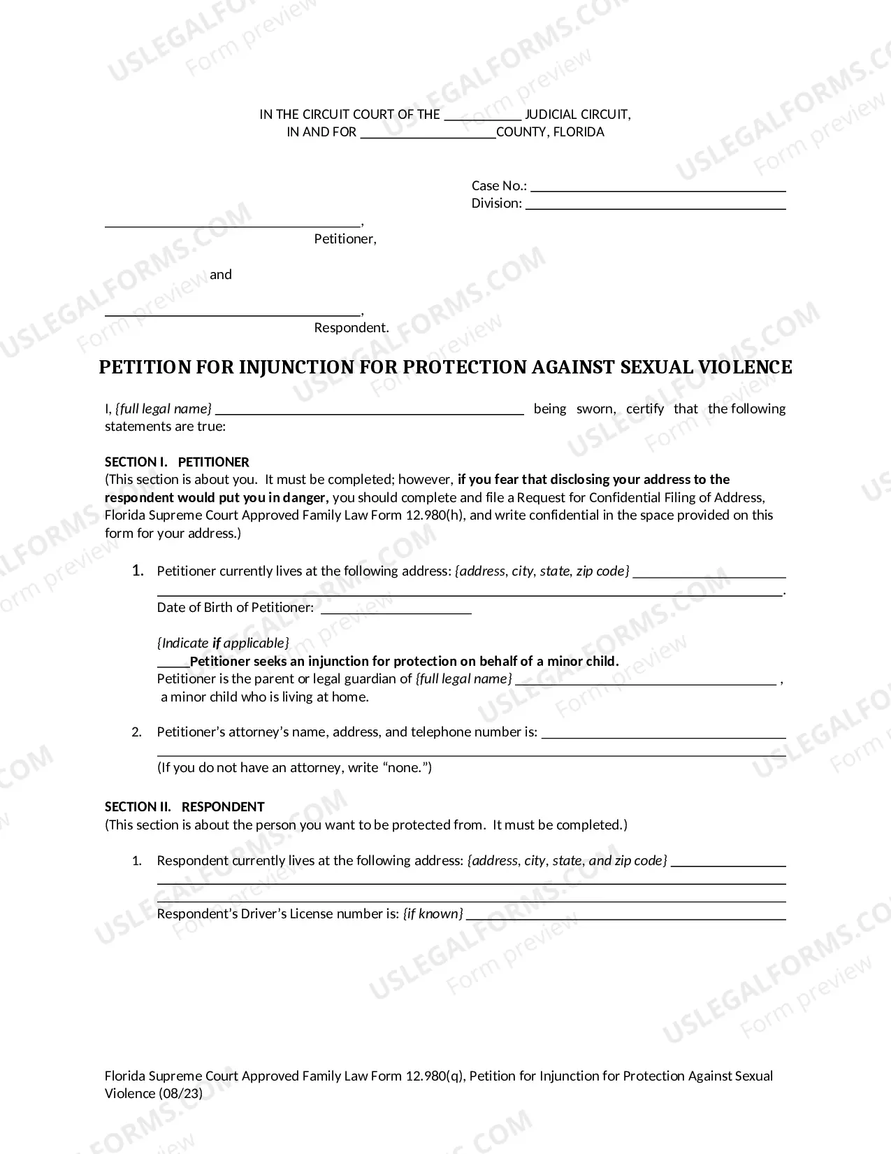 Preview Petition for Injunction for Protection Against Sexual Violence