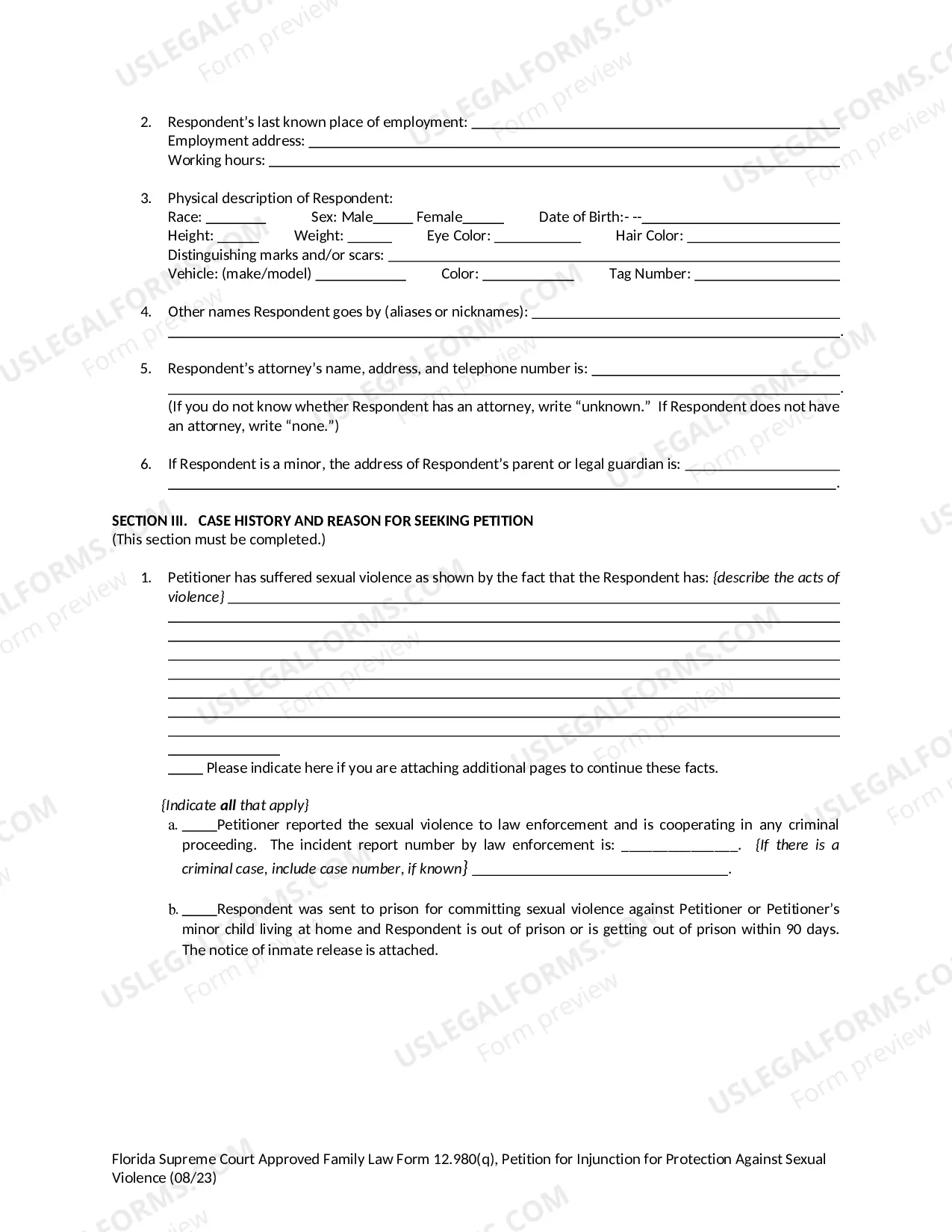 Preview Petition for Injunction for Protection Against Sexual Violence