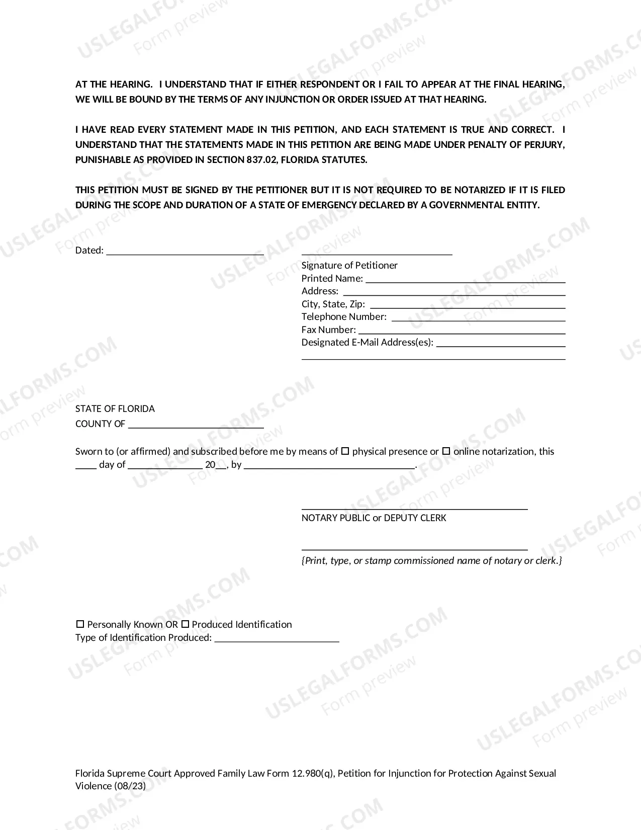 Preview Petition for Injunction for Protection Against Sexual Violence