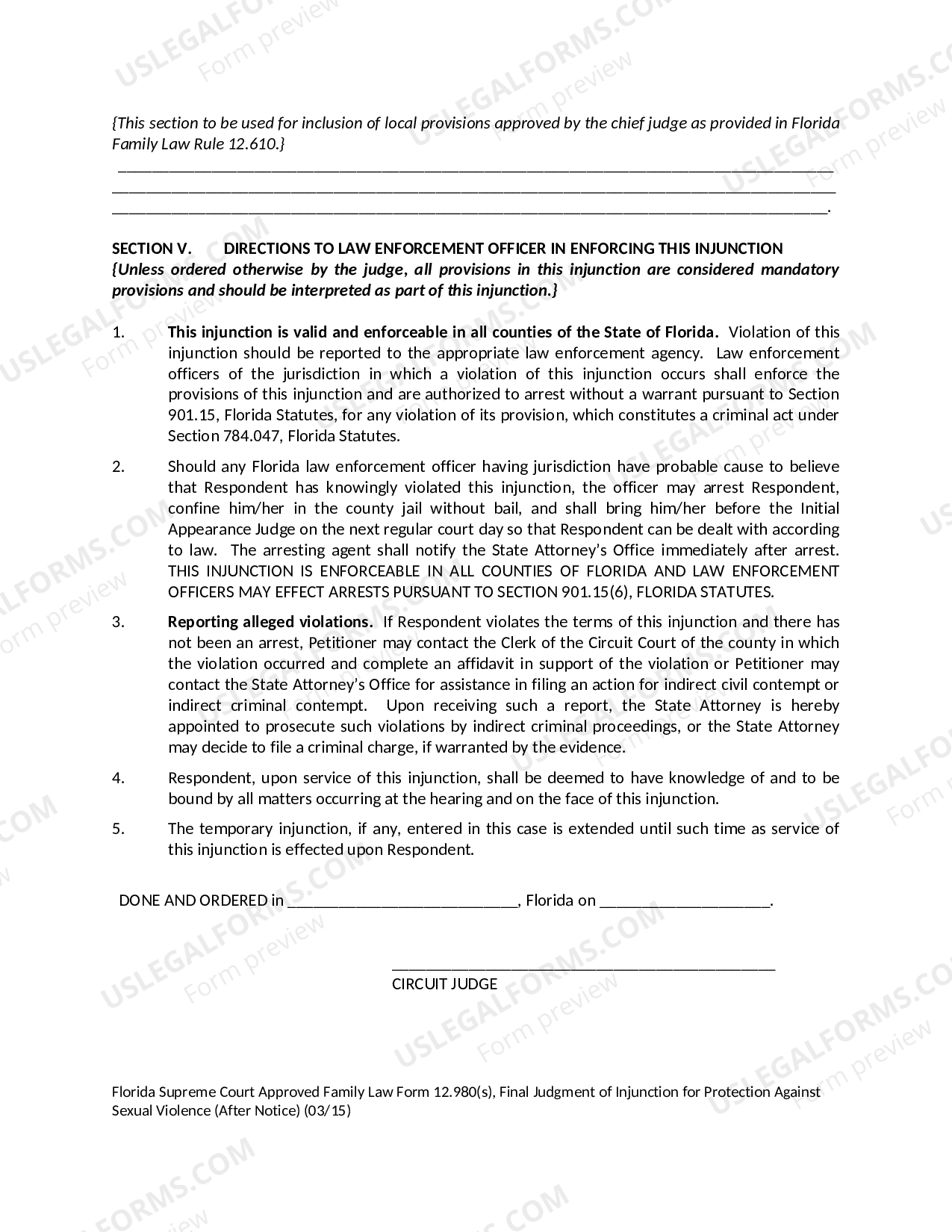 Cape Coral Florida Final Judgment of Injunction for Protection Against