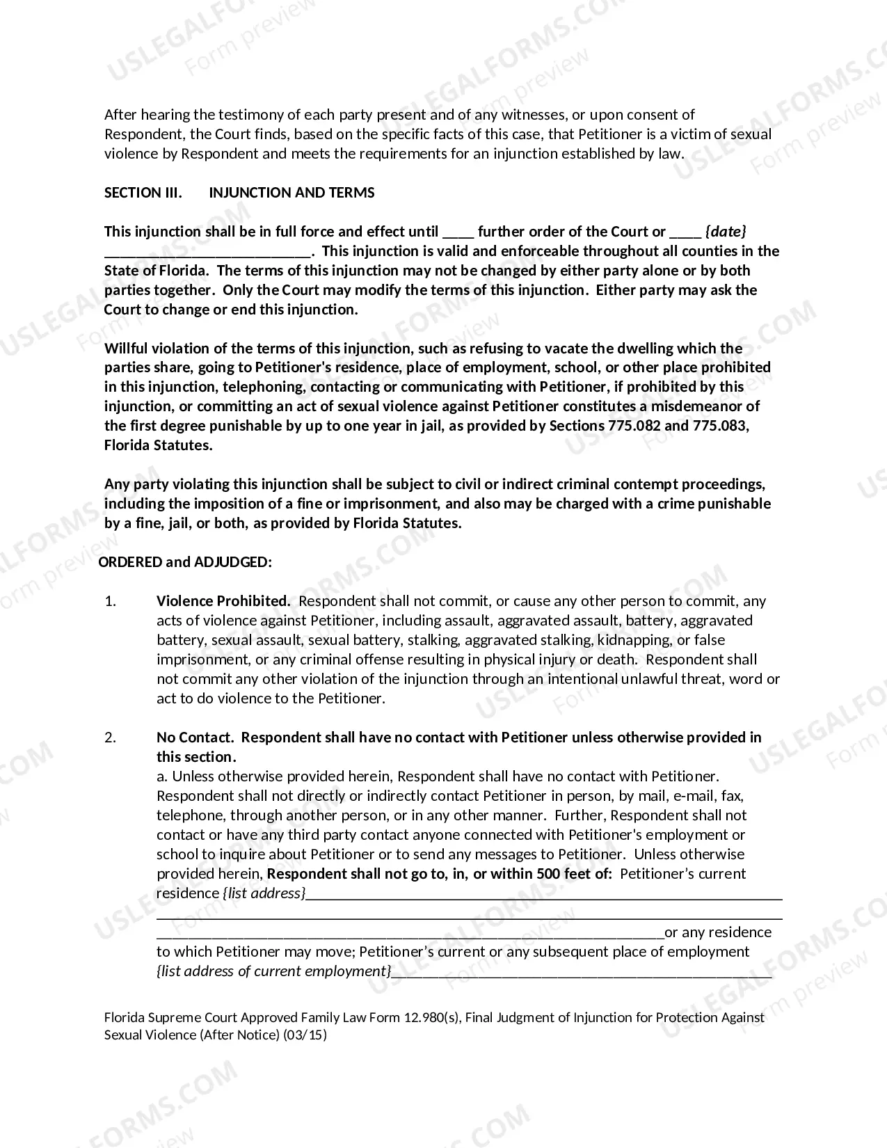 Preview Final Judgment of Injunction for Protection Against Sexual Violence - After Notice