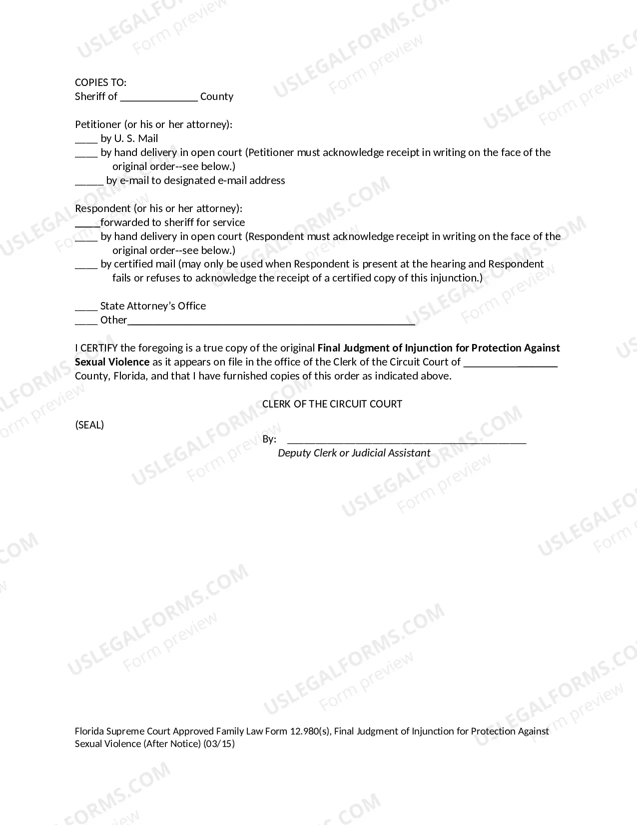 Preview Final Judgment of Injunction for Protection Against Sexual Violence - After Notice