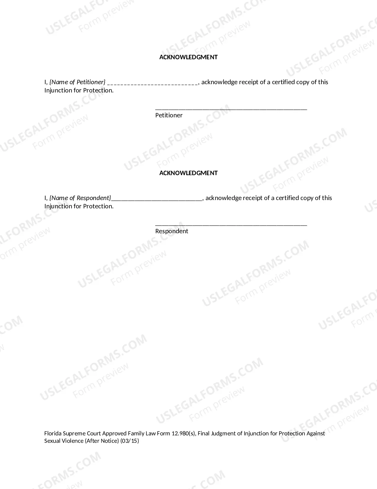 Preview Final Judgment of Injunction for Protection Against Sexual Violence - After Notice