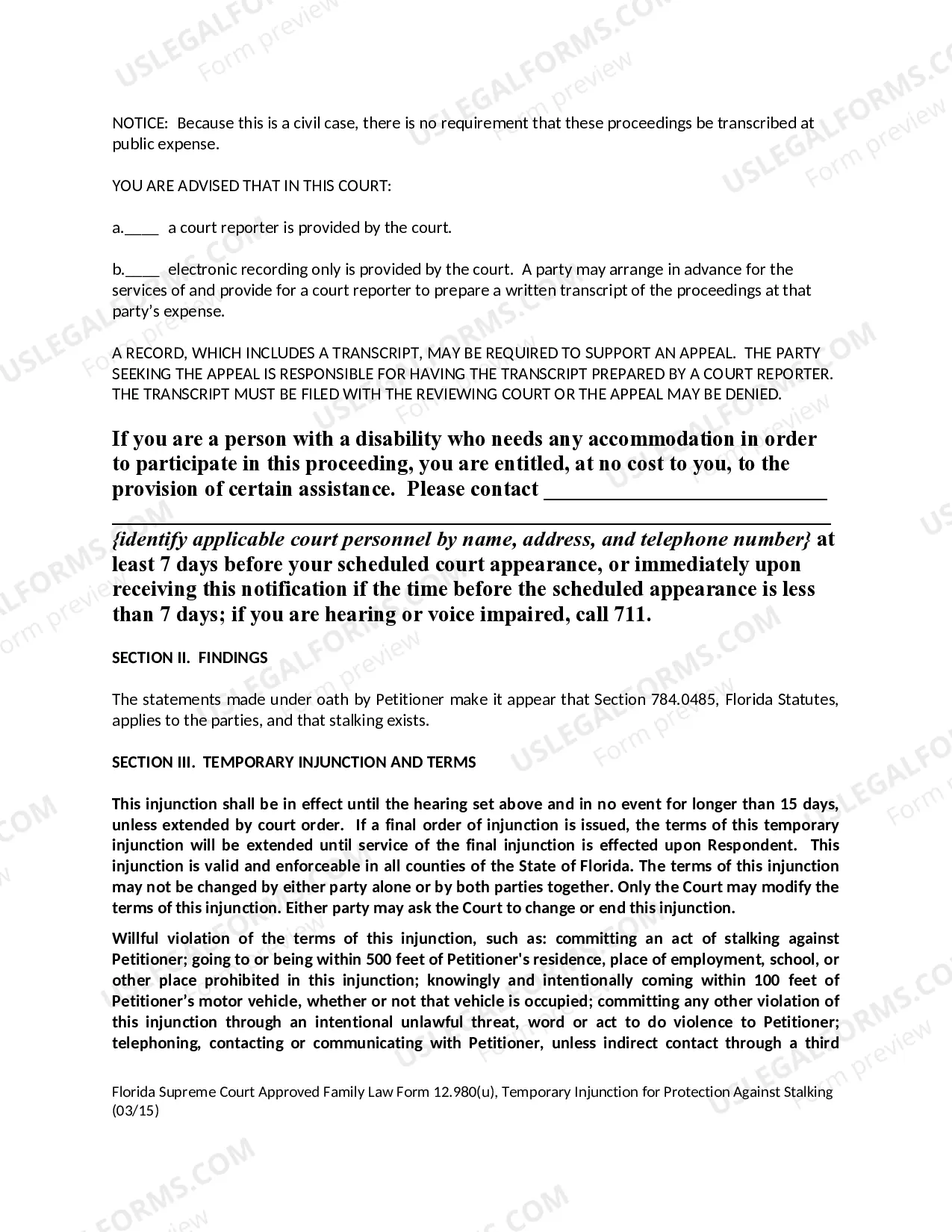 Preview Temporary Injunction for Protection Against Stalking