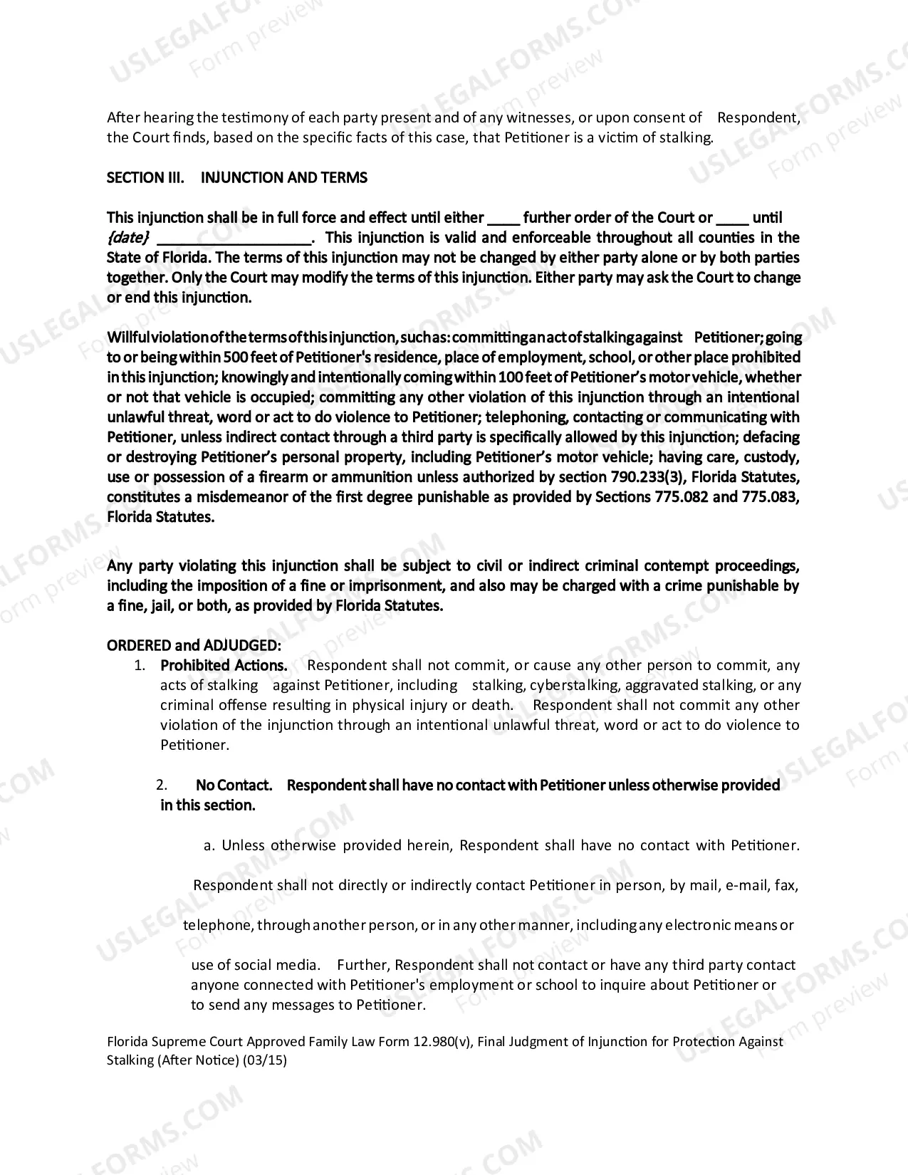 Preview Final Judgment of Injunction for Protection Against Stalking - After Notice