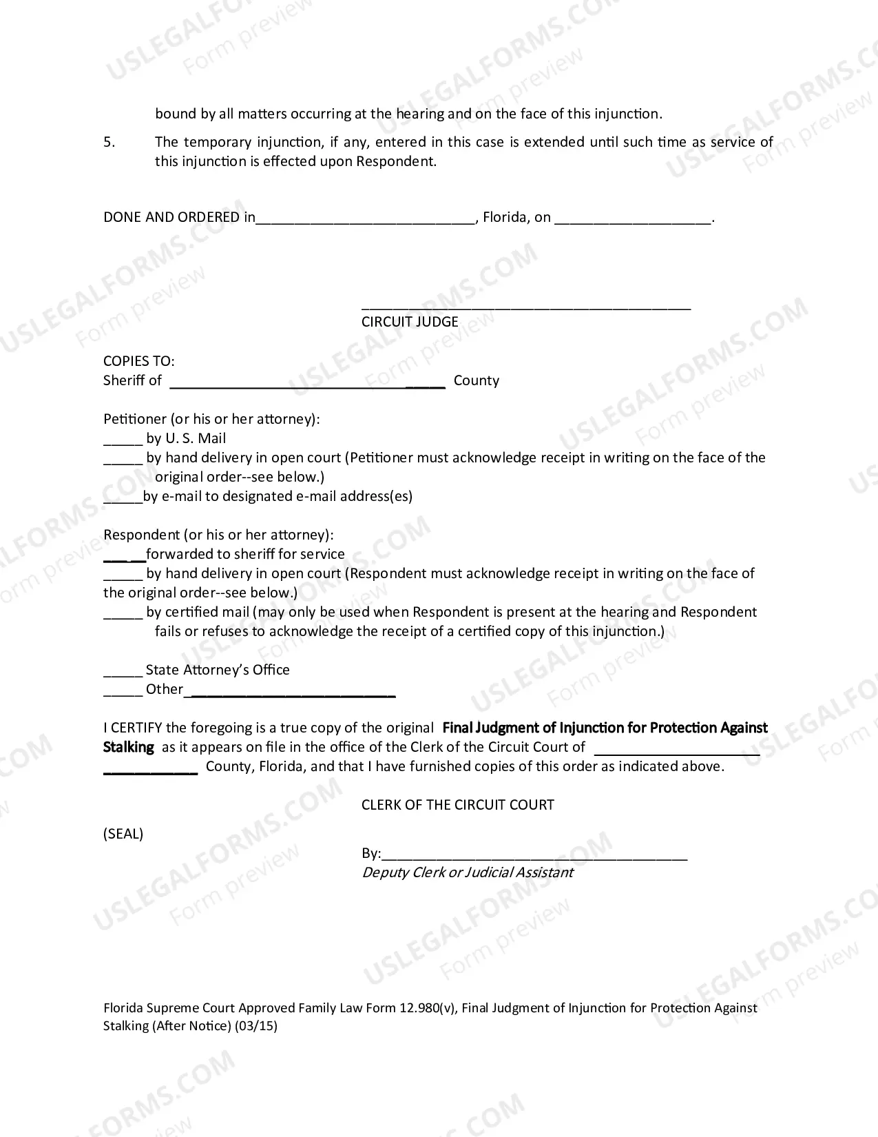 Preview Final Judgment of Injunction for Protection Against Stalking - After Notice