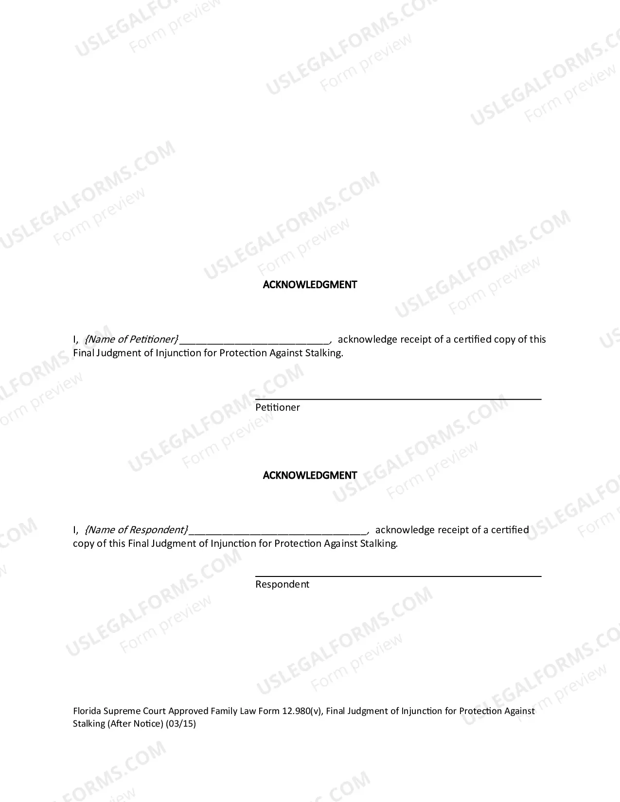 Preview Final Judgment of Injunction for Protection Against Stalking - After Notice
