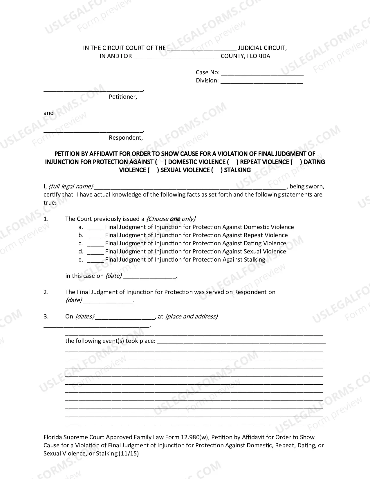 Preview Petition by Affidavit for Order to Show Cause for a Violation of Final Judgment of Injunction for Protection against Domestic Violence, Repeat Violence, Dating Violence, or Sexual Violence, or Stalking
